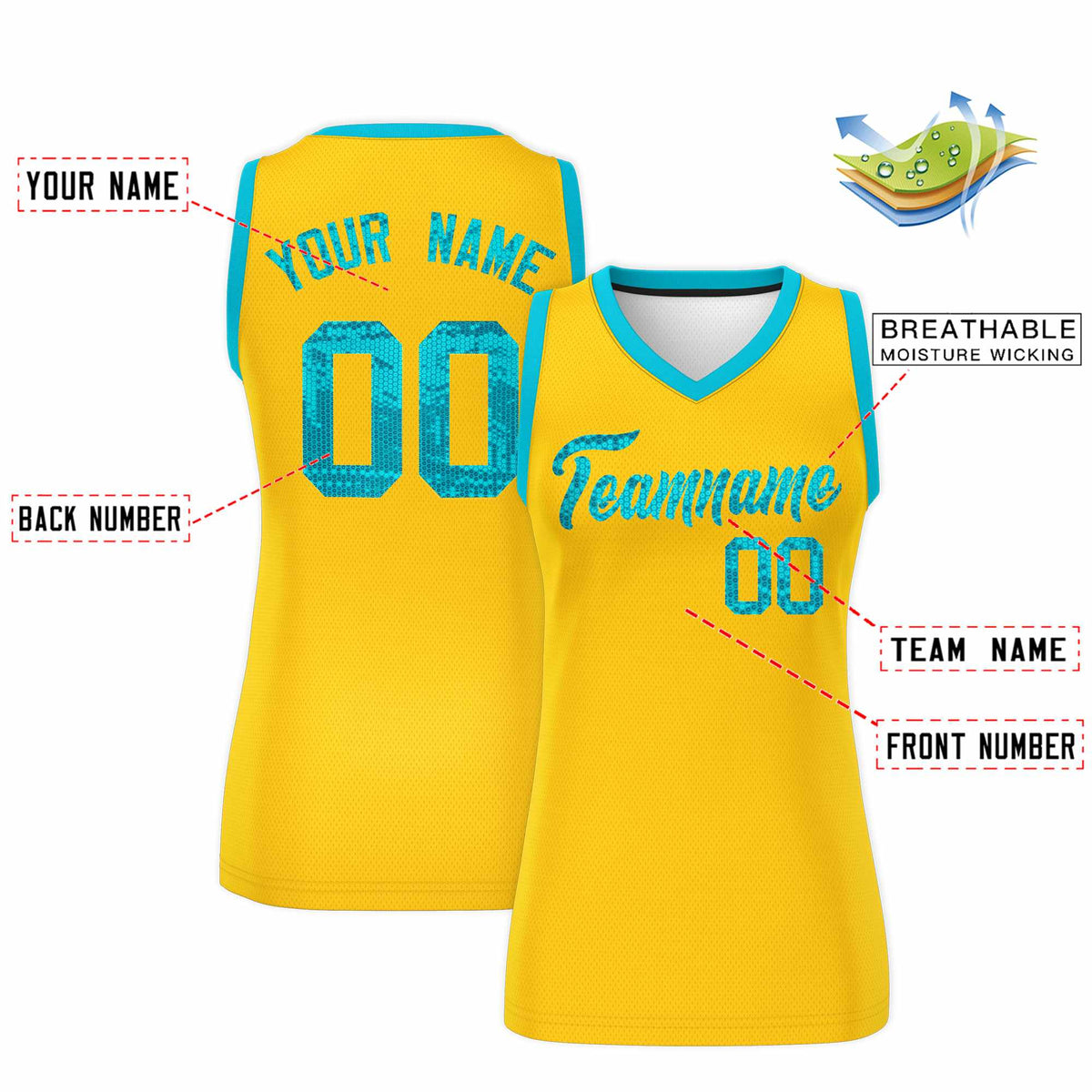 Custom Gold Sky Blue Women Basketball Jersey Sequined Dress
