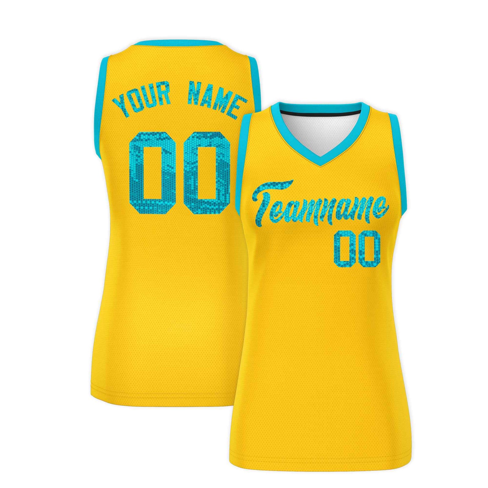 Custom Gold Sky Blue Women Basketball Jersey Sequined Dress