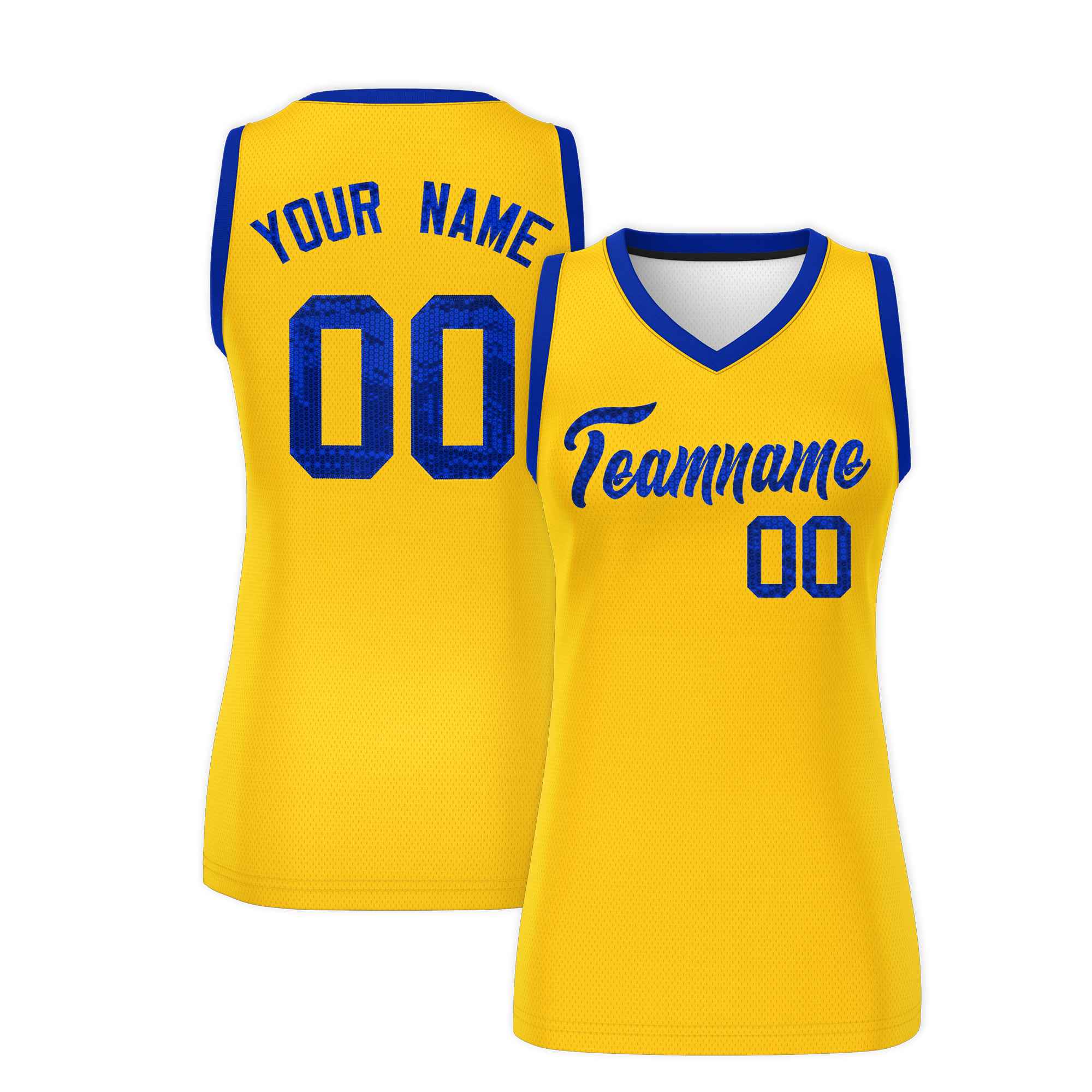 Custom Gold Royal Women Basketball Jersey Sequined Dress