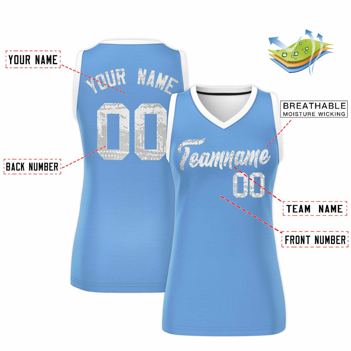 Custom Light Blue White Women Basketball Jersey Sequined Dress