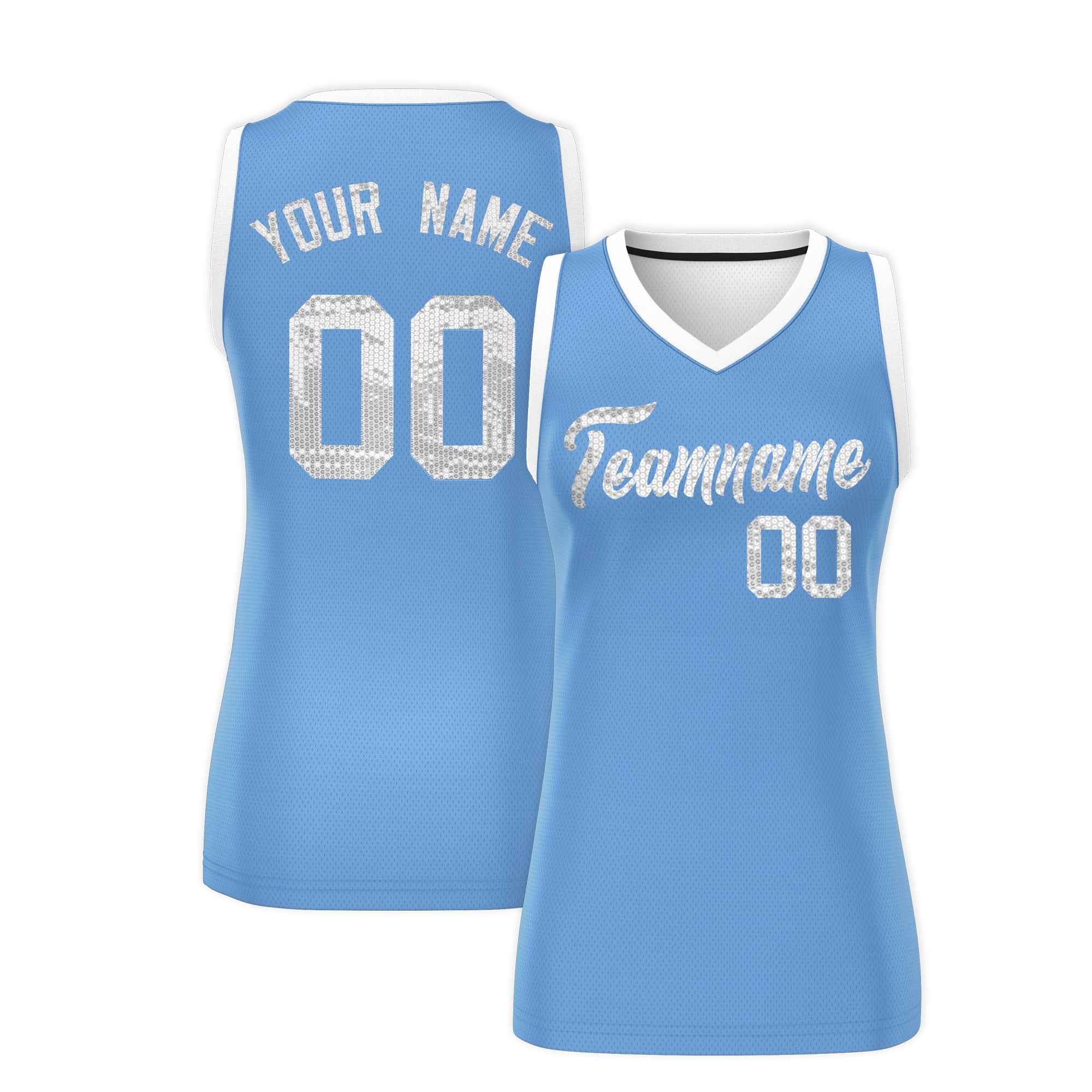 Custom Light Blue White Women Basketball Jersey Sequined Dress