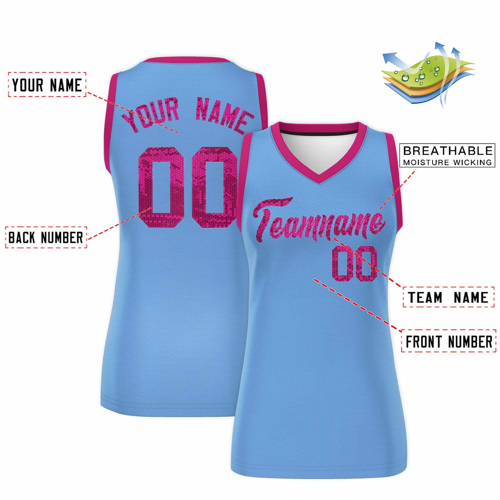 Custom Light Blue Pink Women Basketball Jersey Sequined Dress