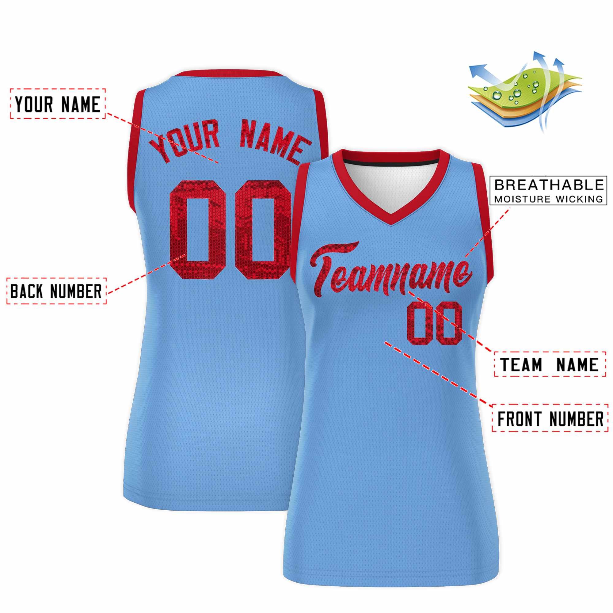 Custom Light Blue Red Women Basketball Jersey Sequined Dress