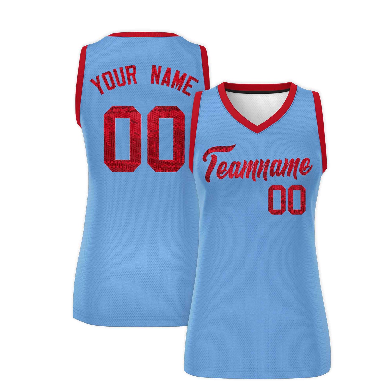 Custom Light Blue Red Women Basketball Jersey Sequined Dress