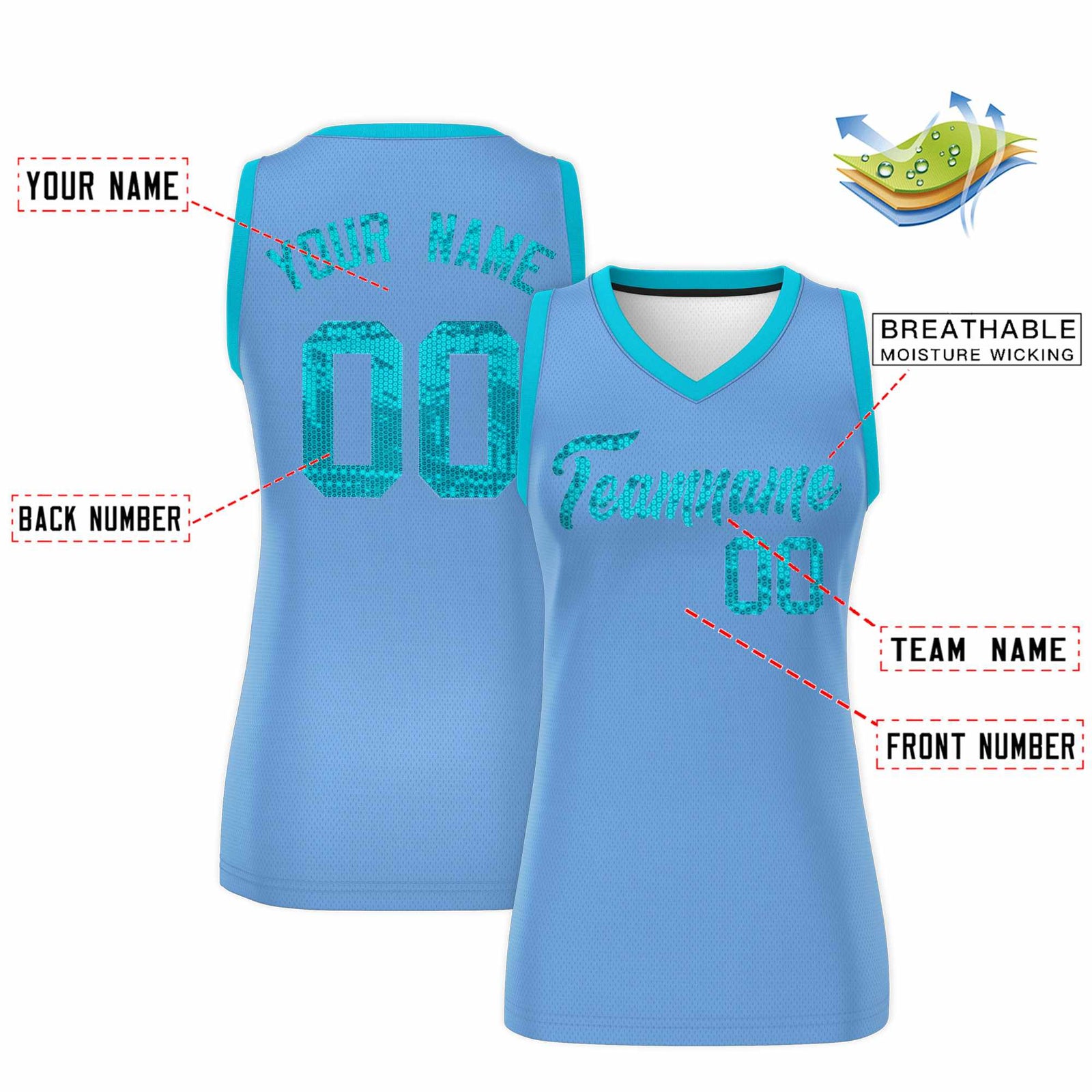 Custom Light Blue Sky Blue Women Basketball Jersey Sequined Dress