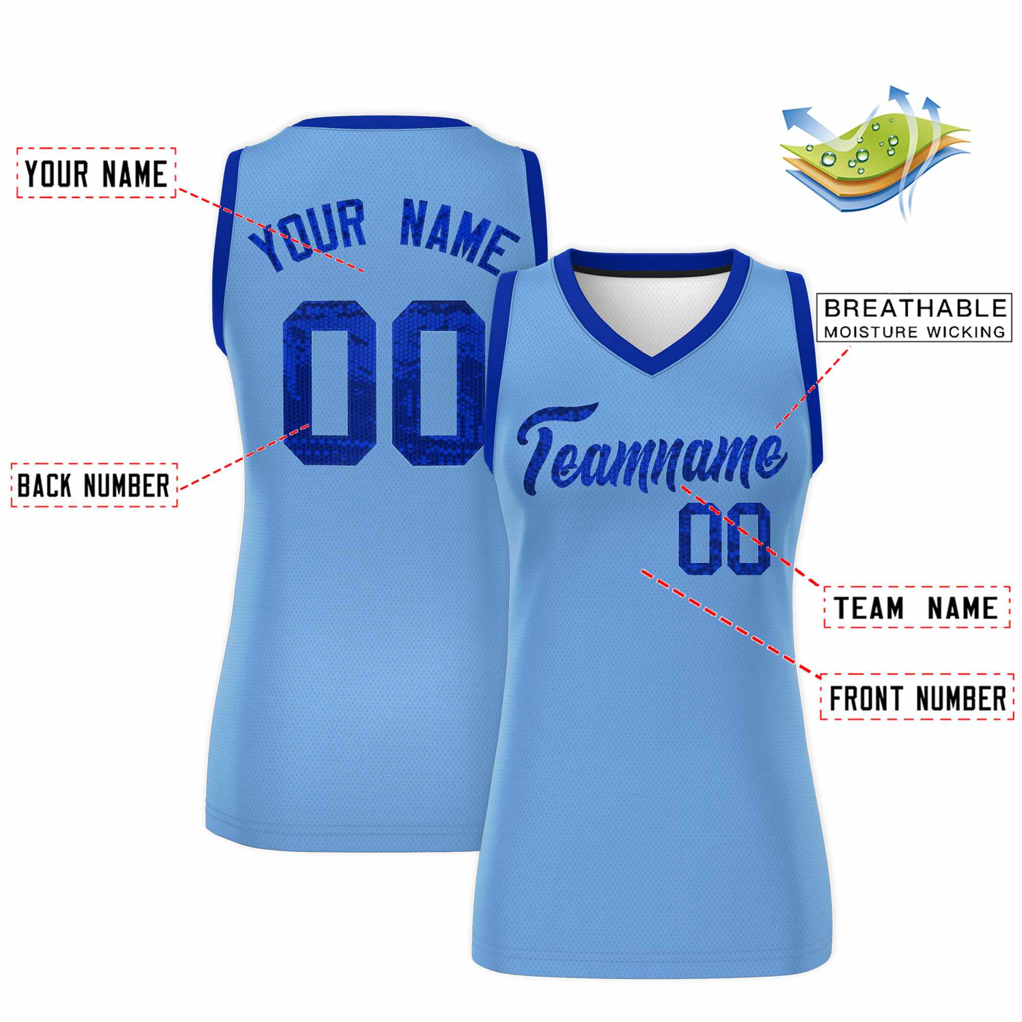 Custom Light Blue Royal Women Basketball Jersey Sequined Dress