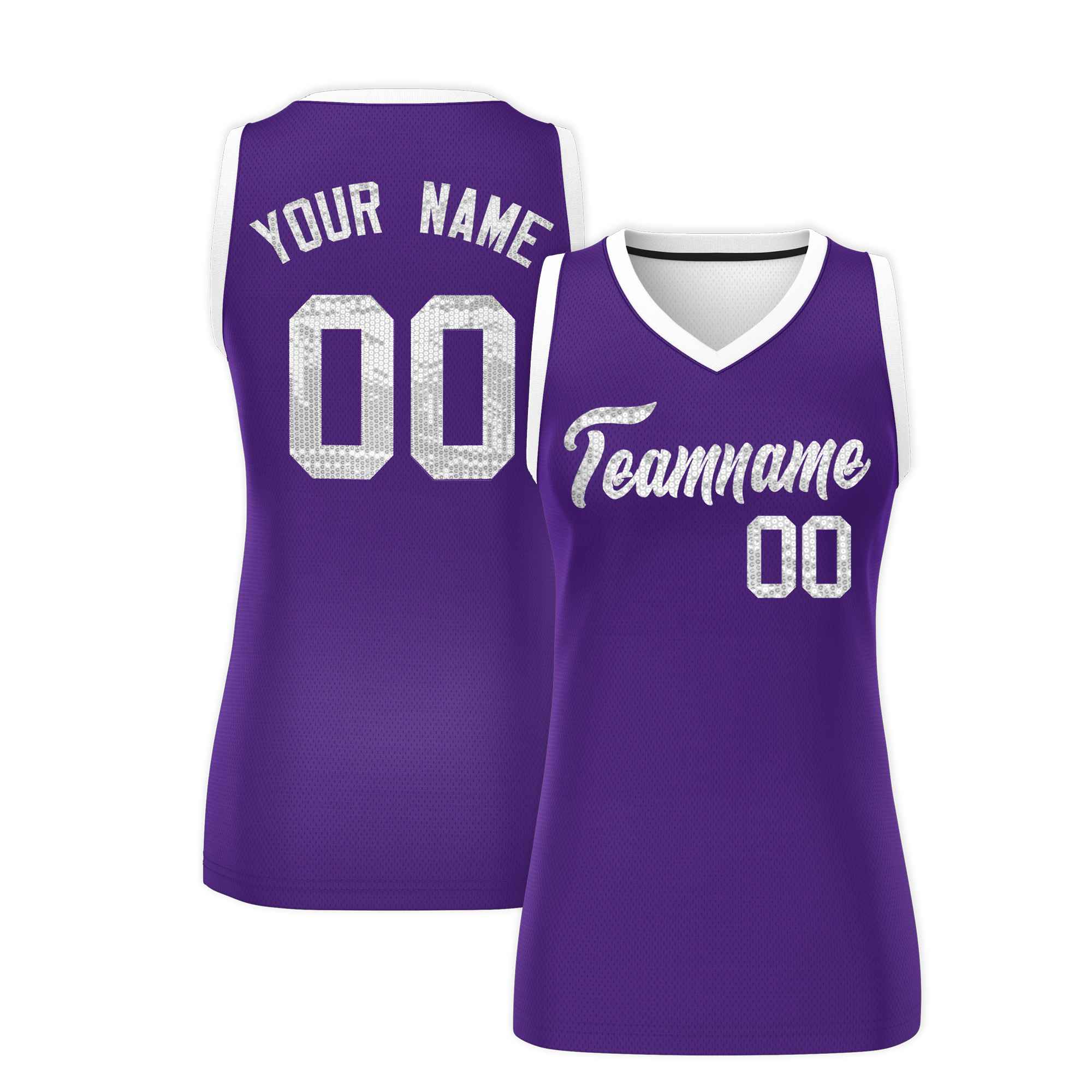 Custom Purple White Women Basketball Jersey Sequined Dress
