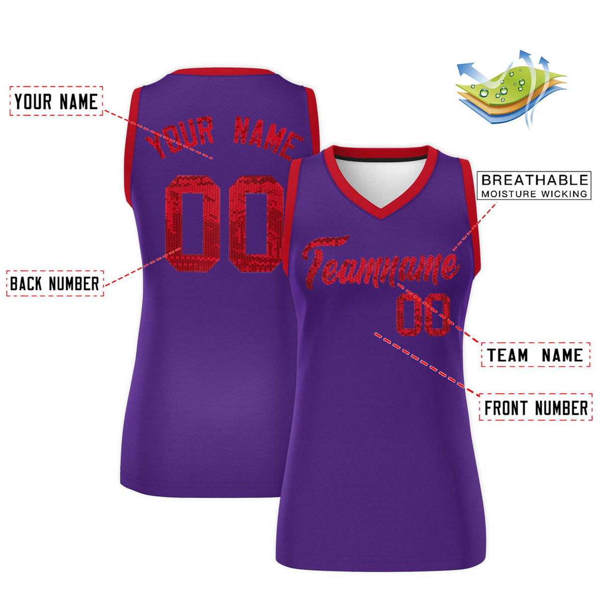 Custom Purple Red Women Basketball Jersey Sequined Dress