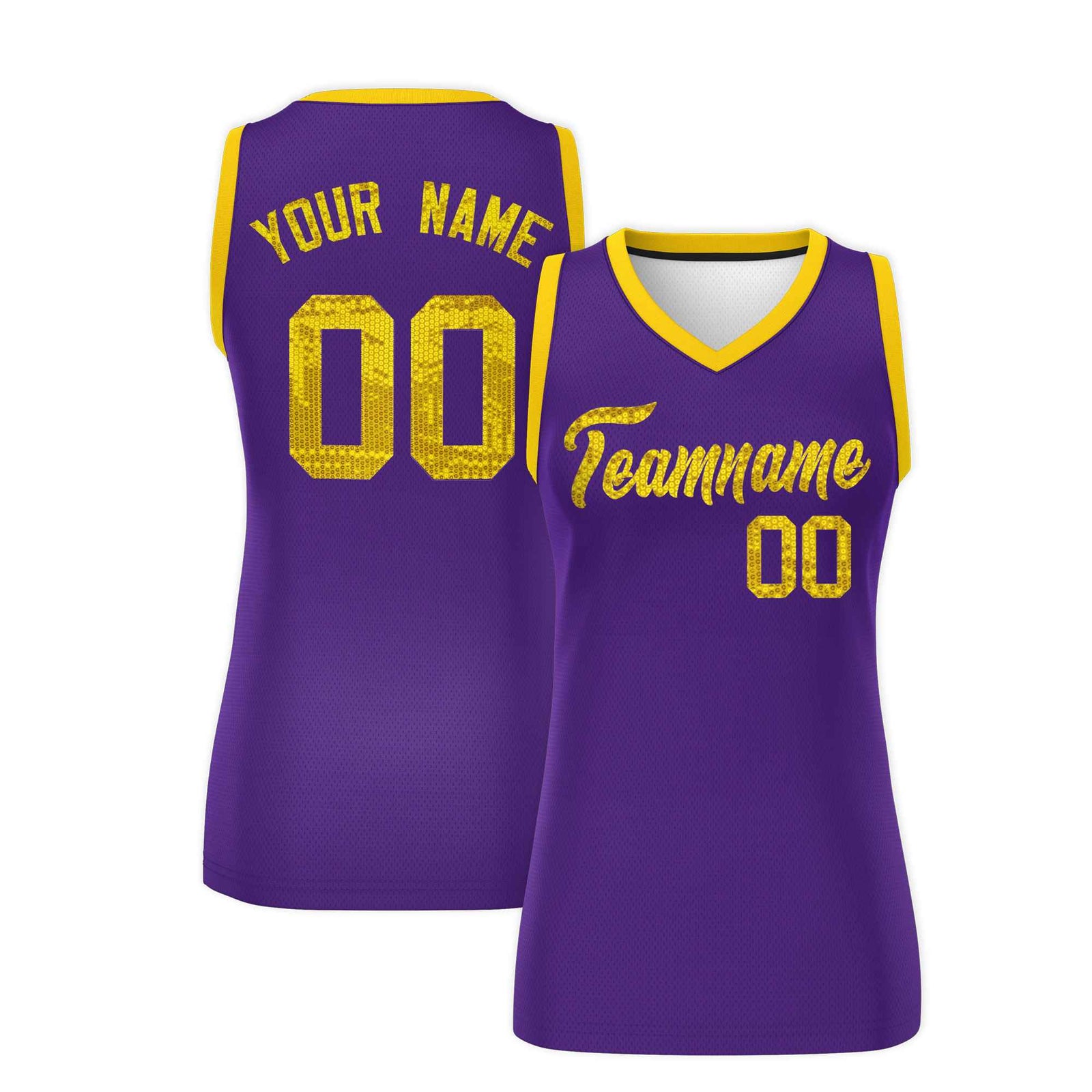 Custom Purple Gold Women Basketball Jersey Sequined Dress