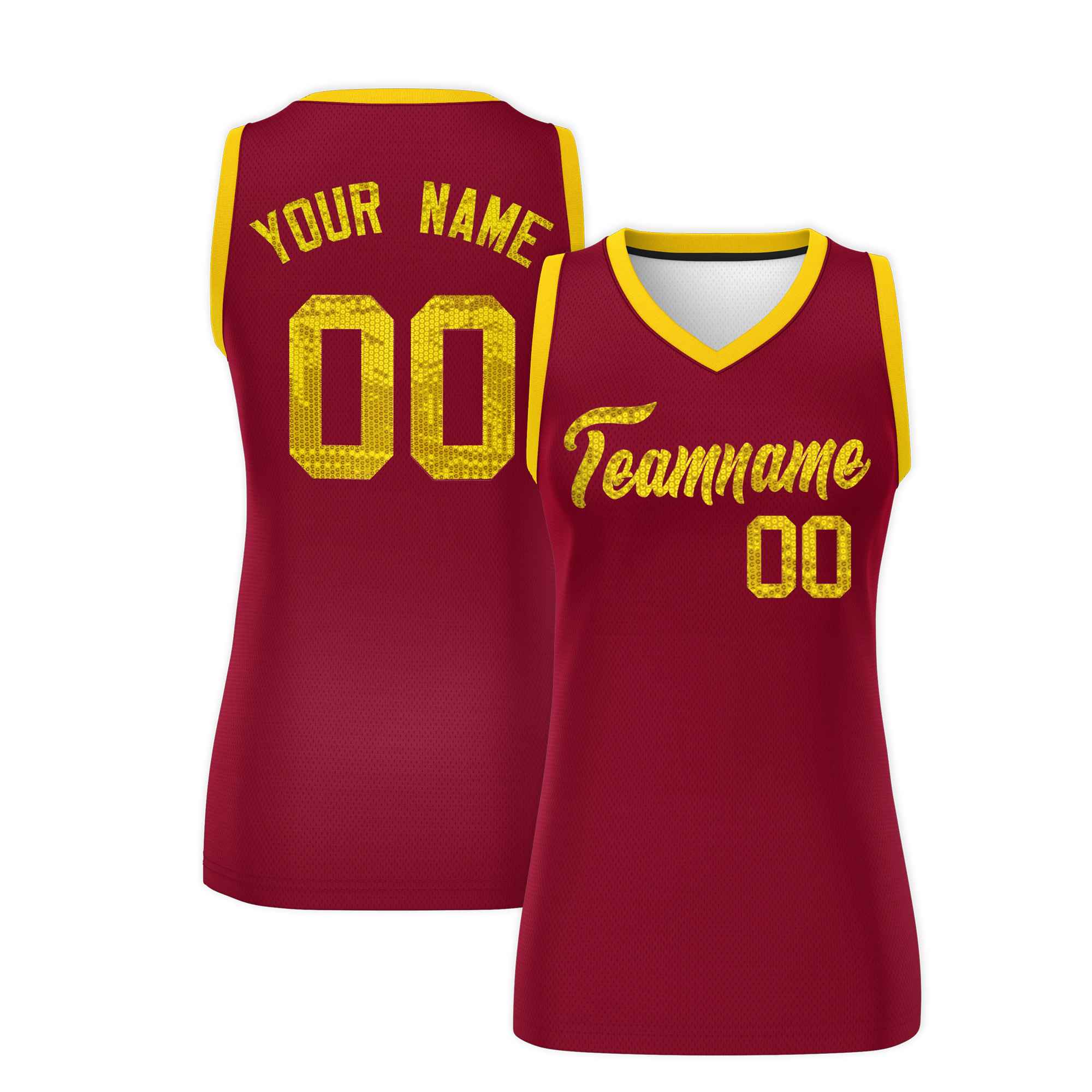 Custom Crimson Gold Women Basketball Jersey Sequined Dress