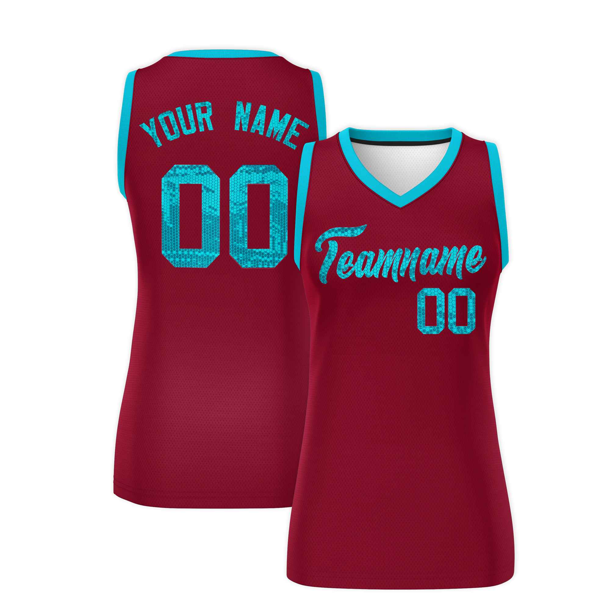 Custom Crimson Sky Blue Women Basketball Jersey Sequined Dress