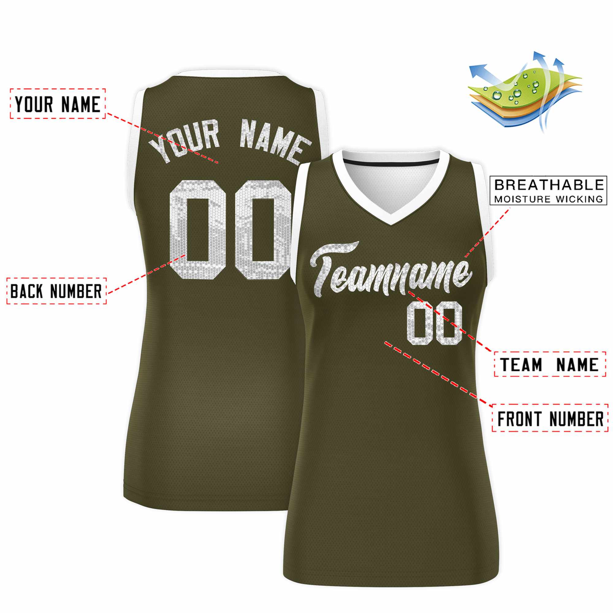 Custom Olive White Women Basketball Jersey Sequined Dress