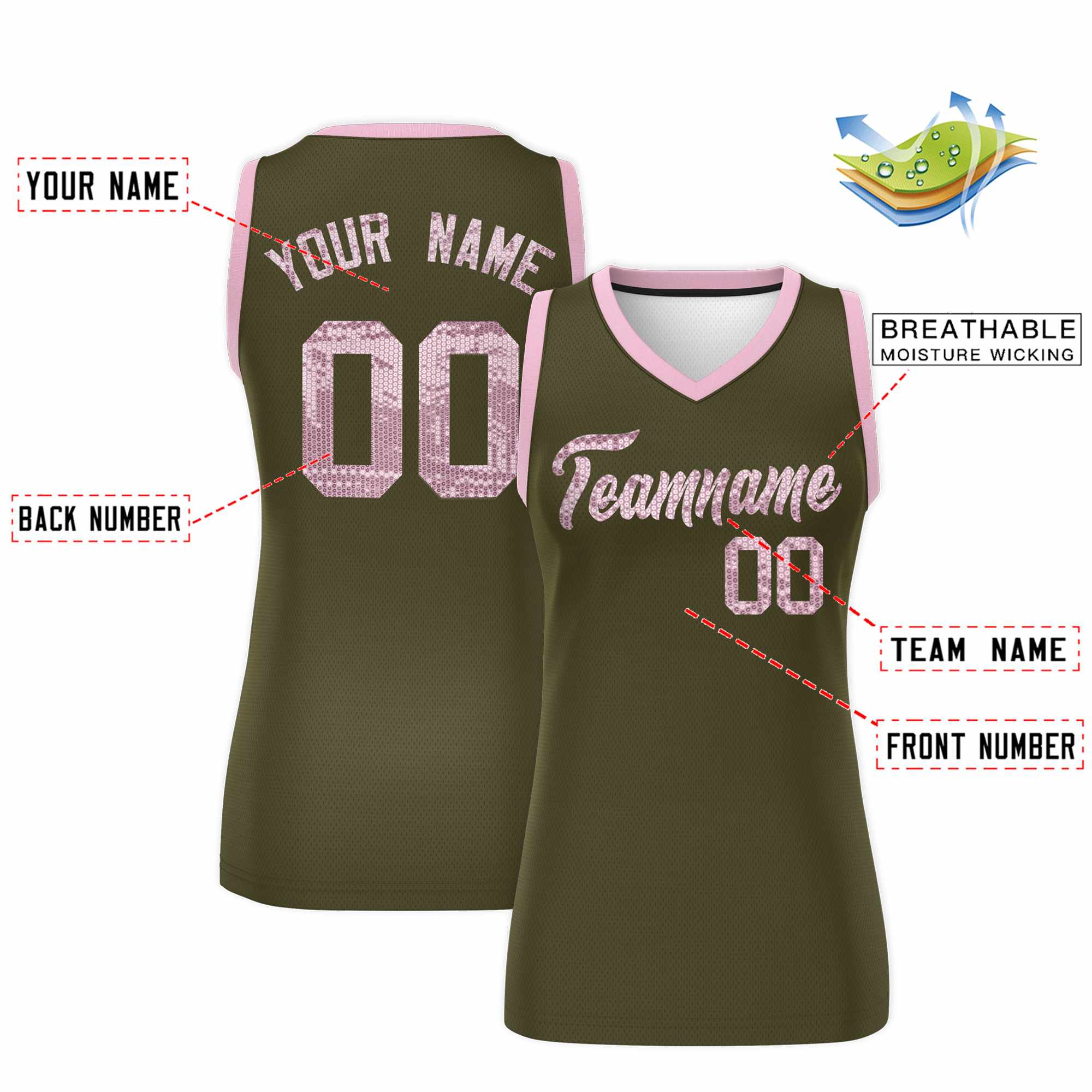 Custom Olive Light Pink Women Basketball Jersey Sequined Dress