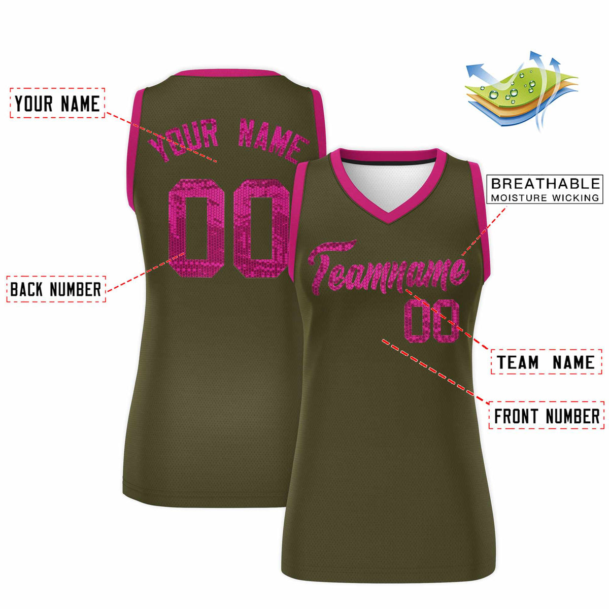 Custom Olive Pink Women Basketball Jersey Sequined Dress