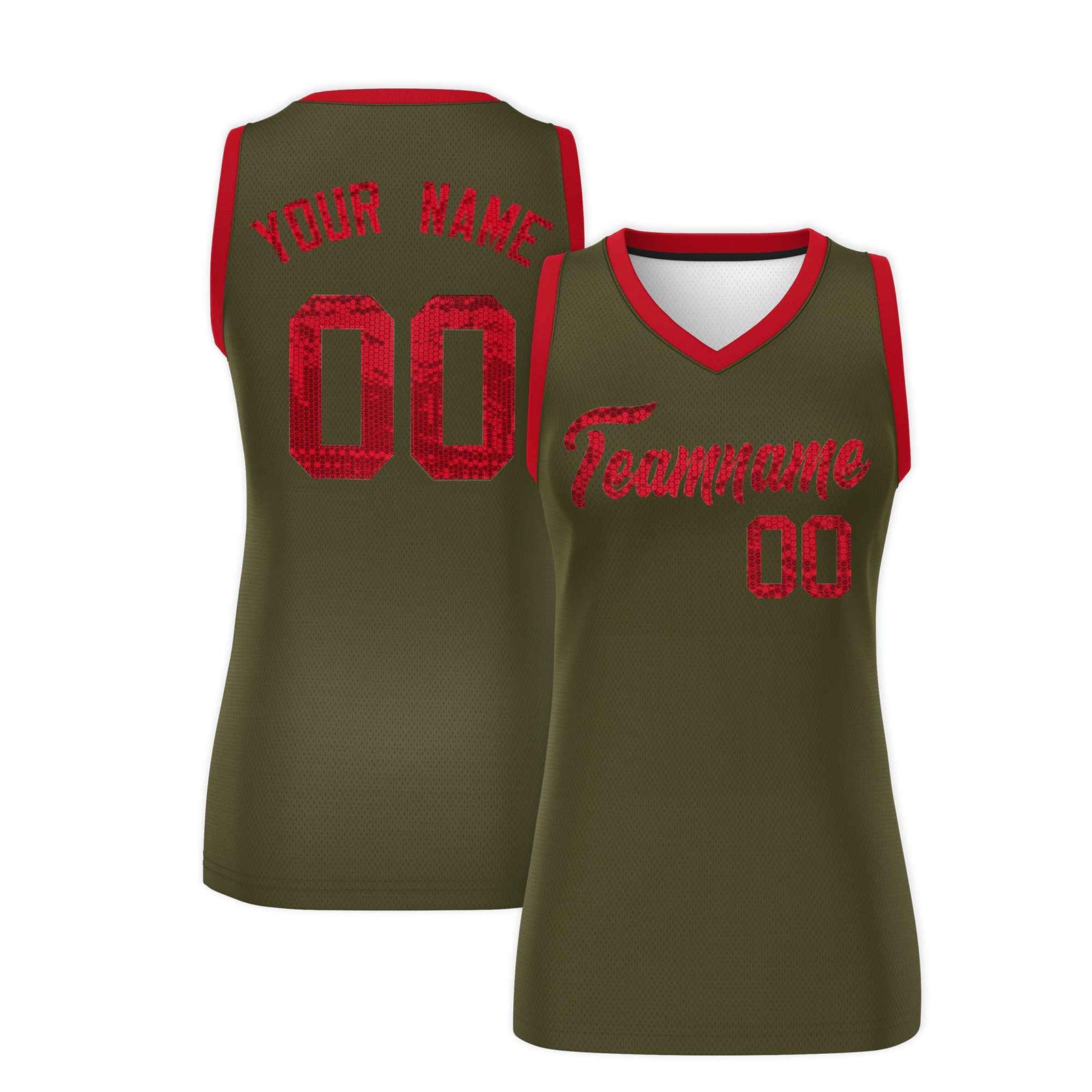 Custom Olive Red Women Basketball Jersey Sequined Dress