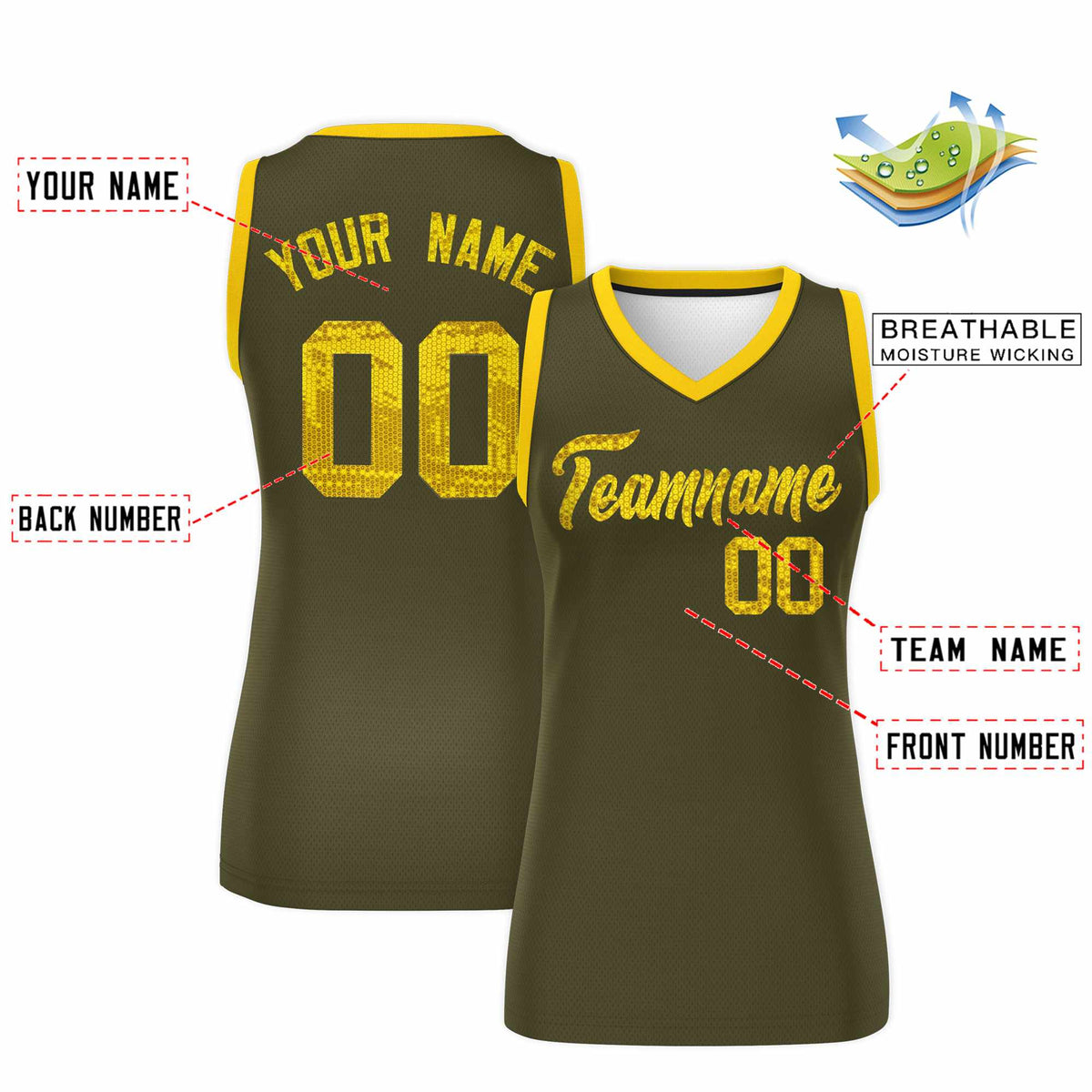 Custom Olive Gold Women Basketball Jersey Sequined Dress