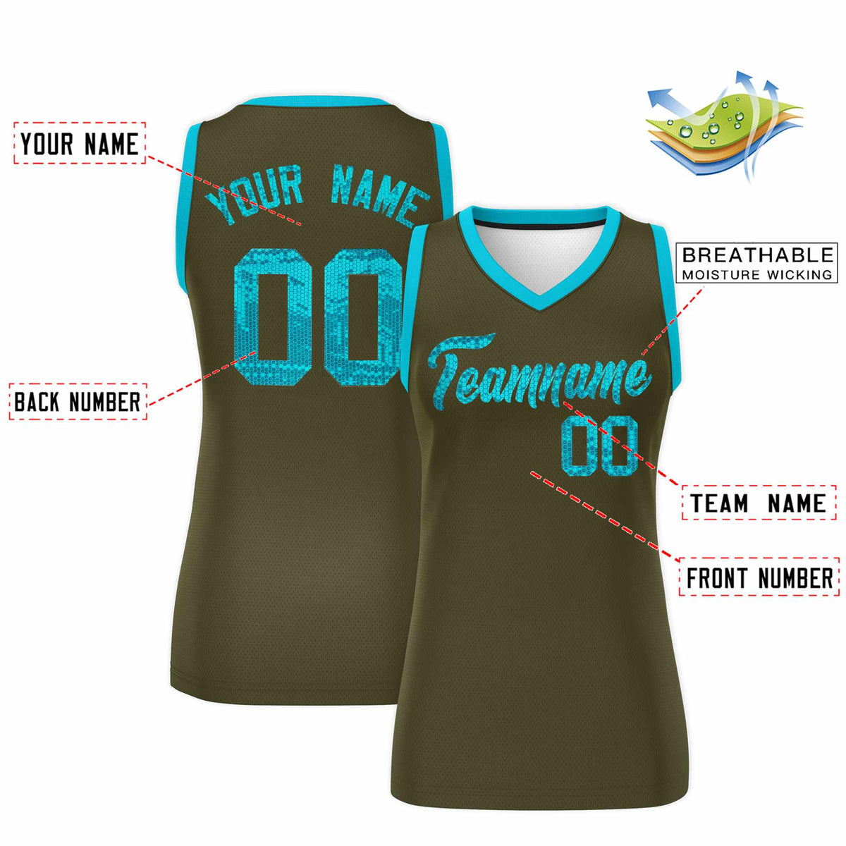 Custom Olive Sky Blue Women Basketball Jersey Sequined Dress