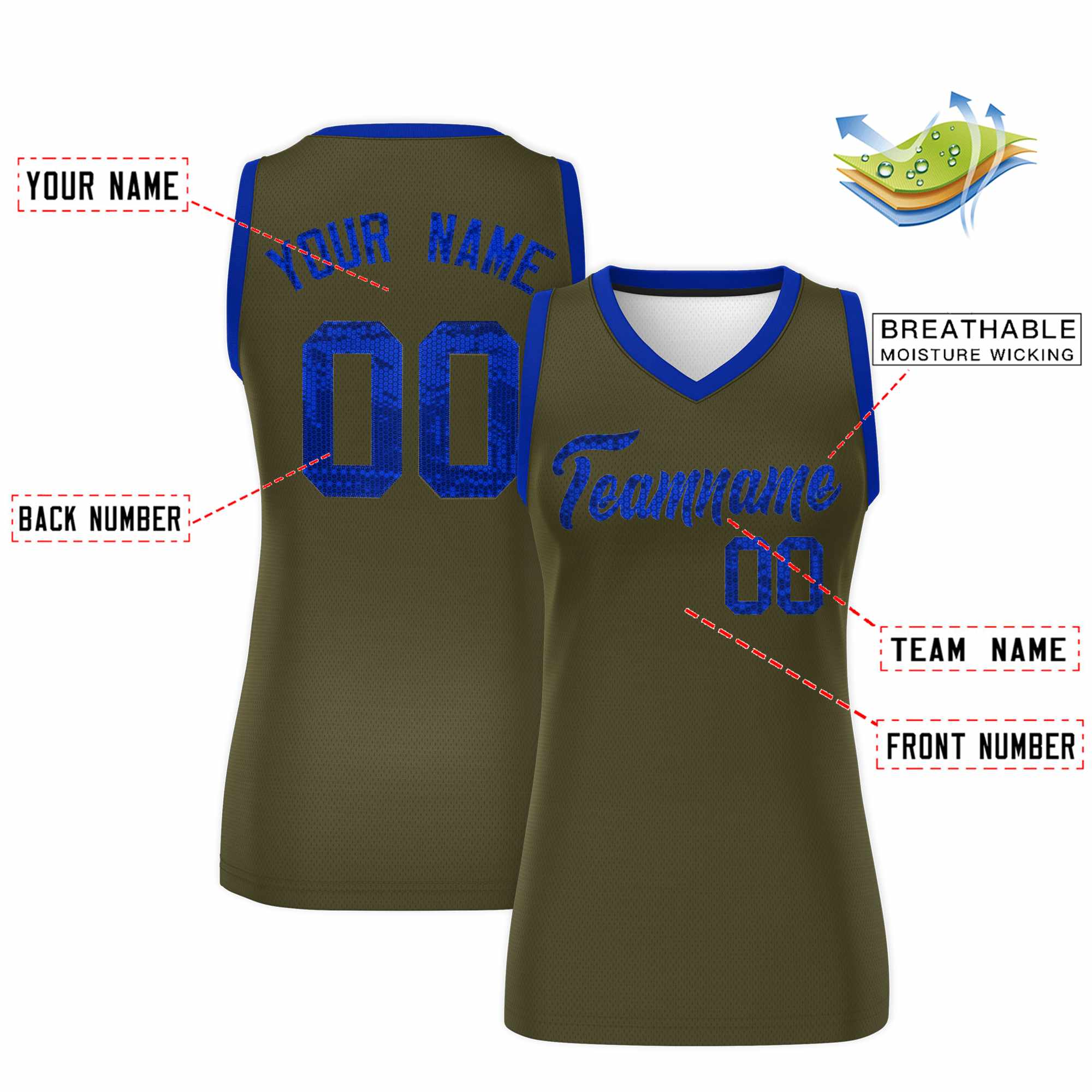 Custom Olive Royal Women Basketball Jersey Sequined Dress