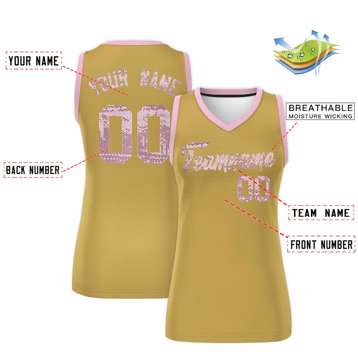 Custom Old Gold Light Pink Women Basketball Jersey Sequined Dress