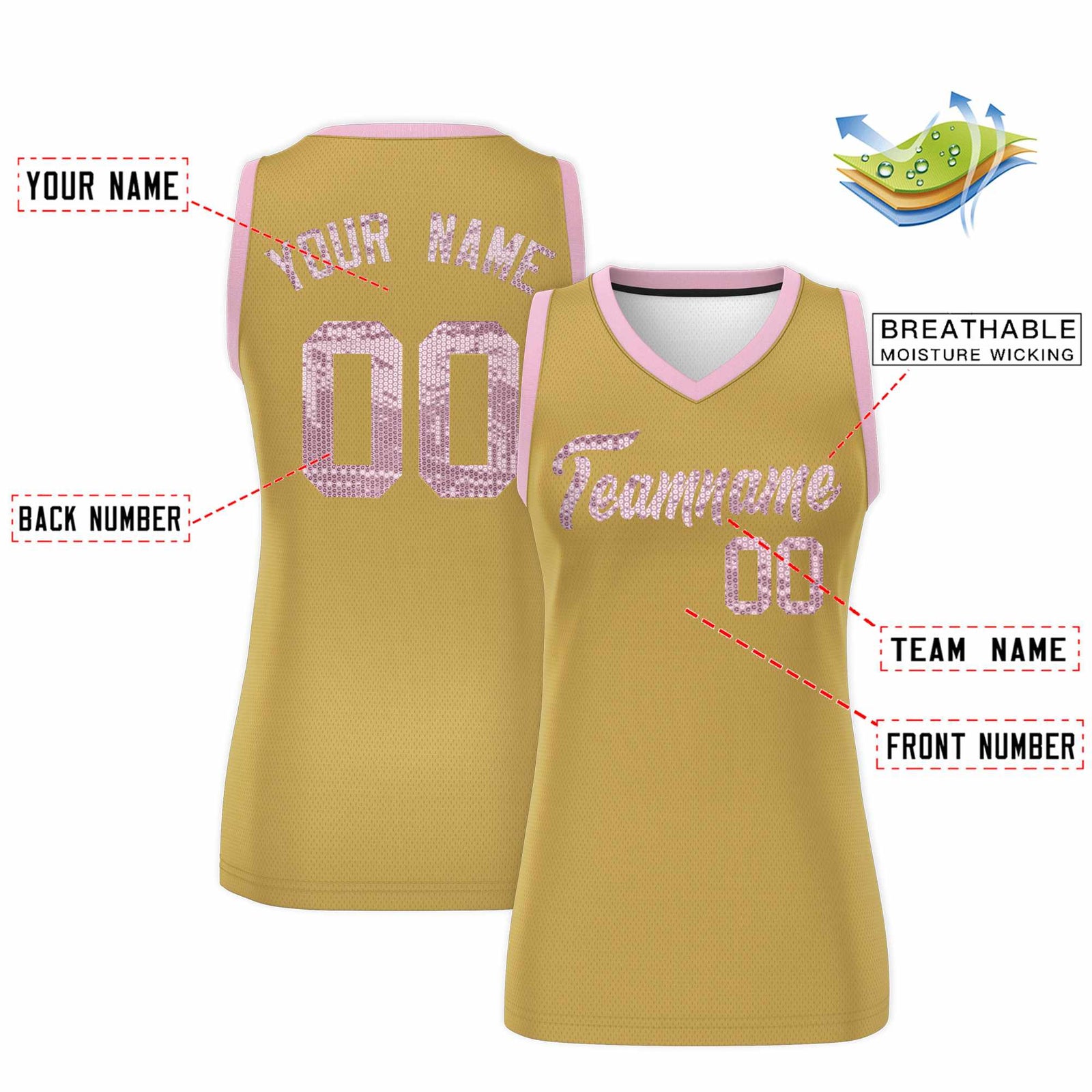 Custom Old Gold Light Pink Women Basketball Jersey Sequined Dress