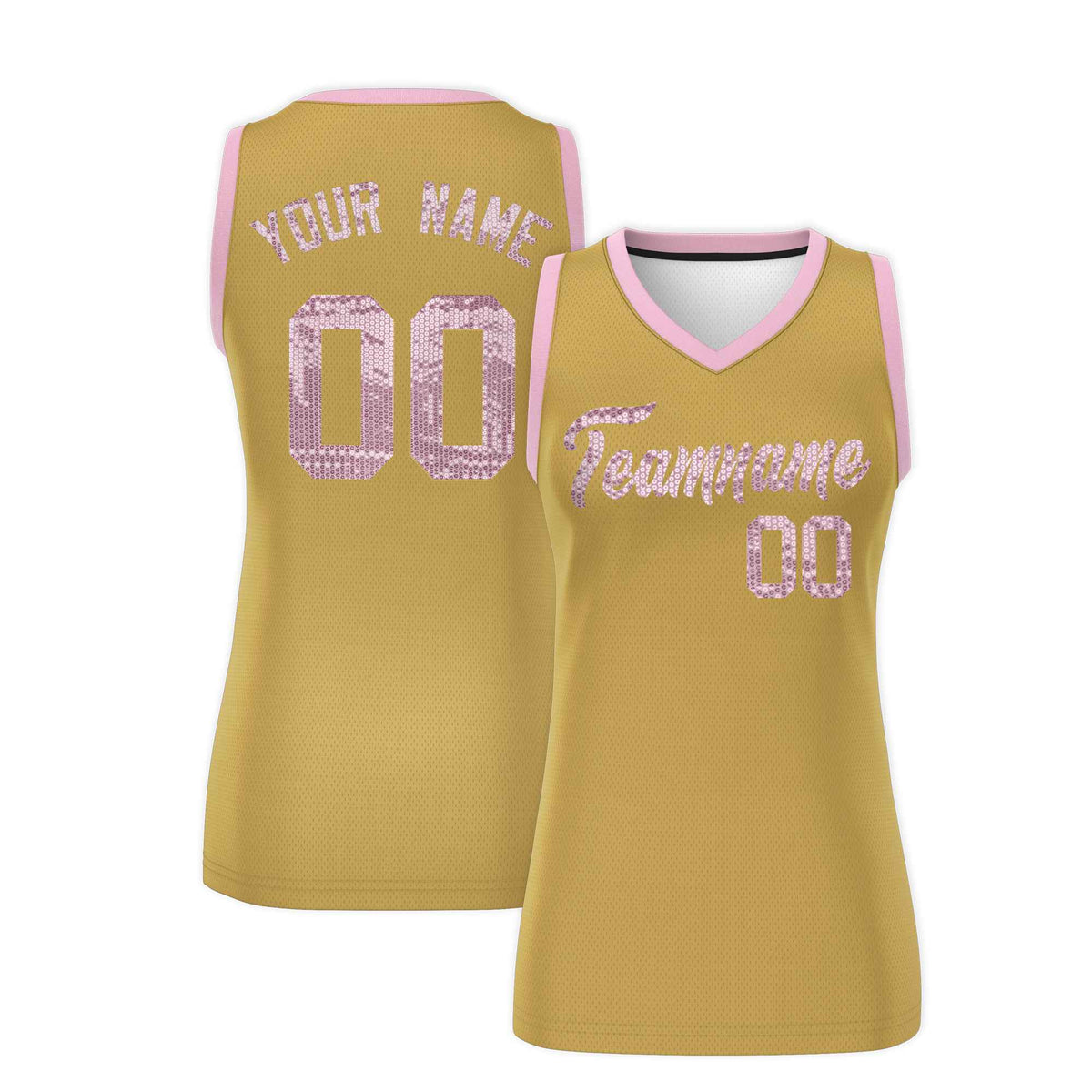 Custom Old Gold Light Pink Women Basketball Jersey Sequined Dress