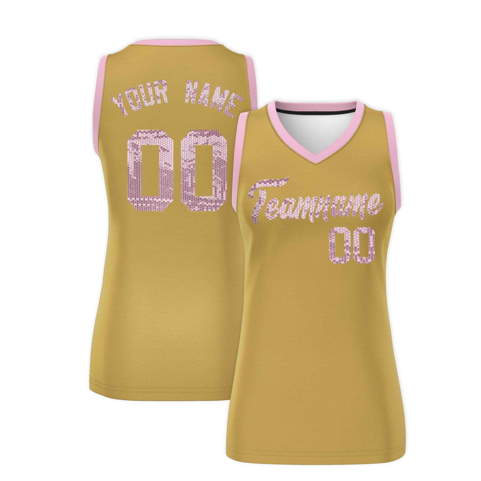 Custom Old Gold Light Pink Women Basketball Jersey Sequined Dress