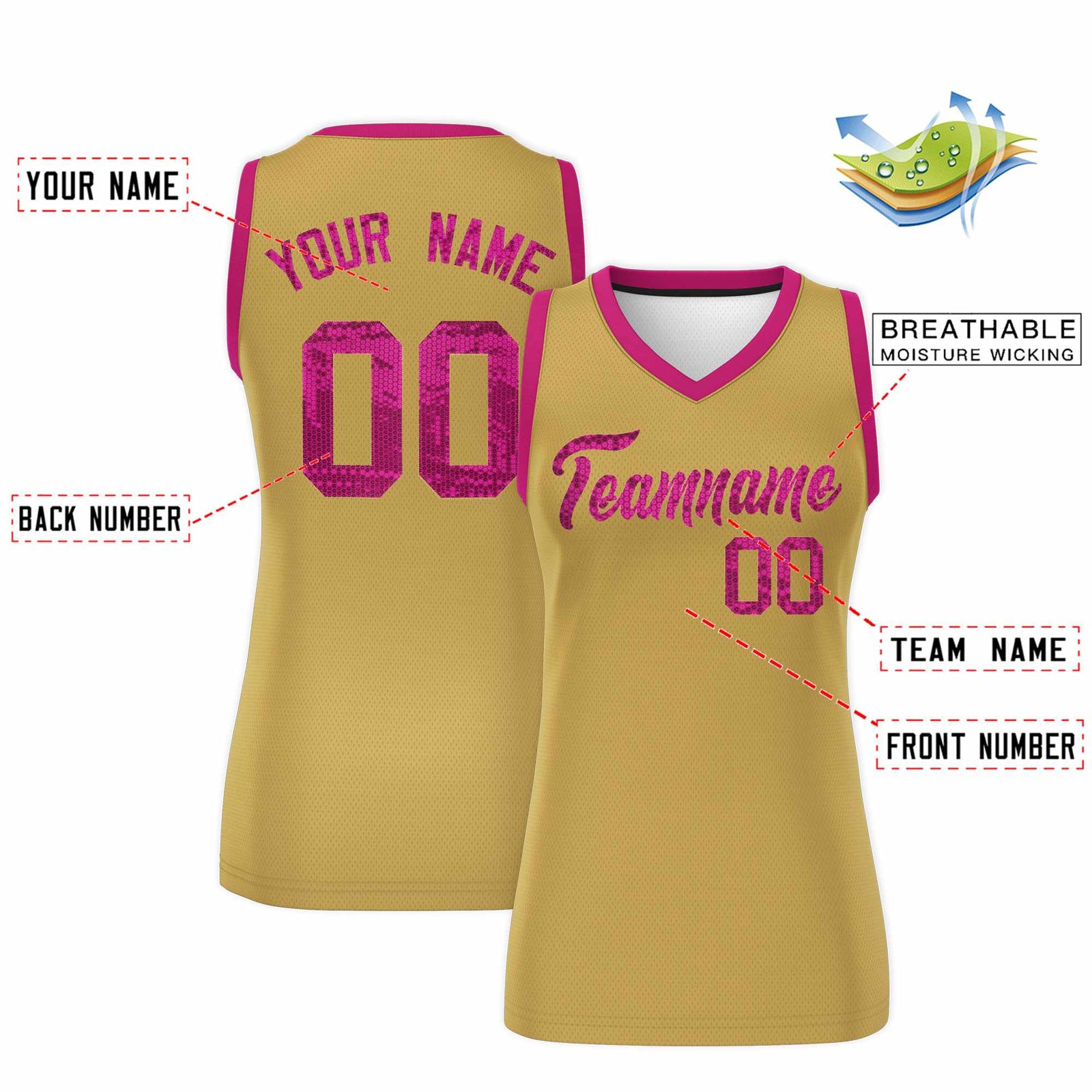 Custom Old Gold Pink Women Basketball Jersey Sequined Dress