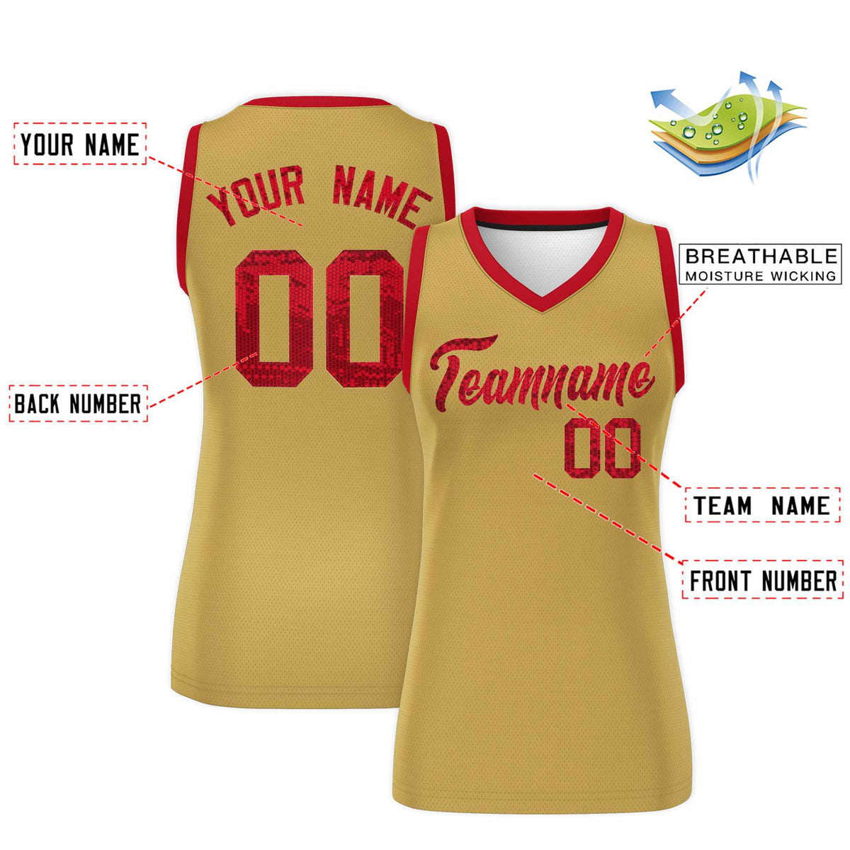 Custom Old Gold Red Women Basketball Jersey Sequined Dress