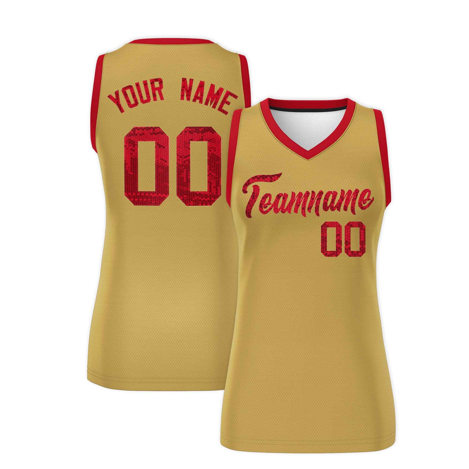 Custom Old Gold Red Women Basketball Jersey Sequined Dress
