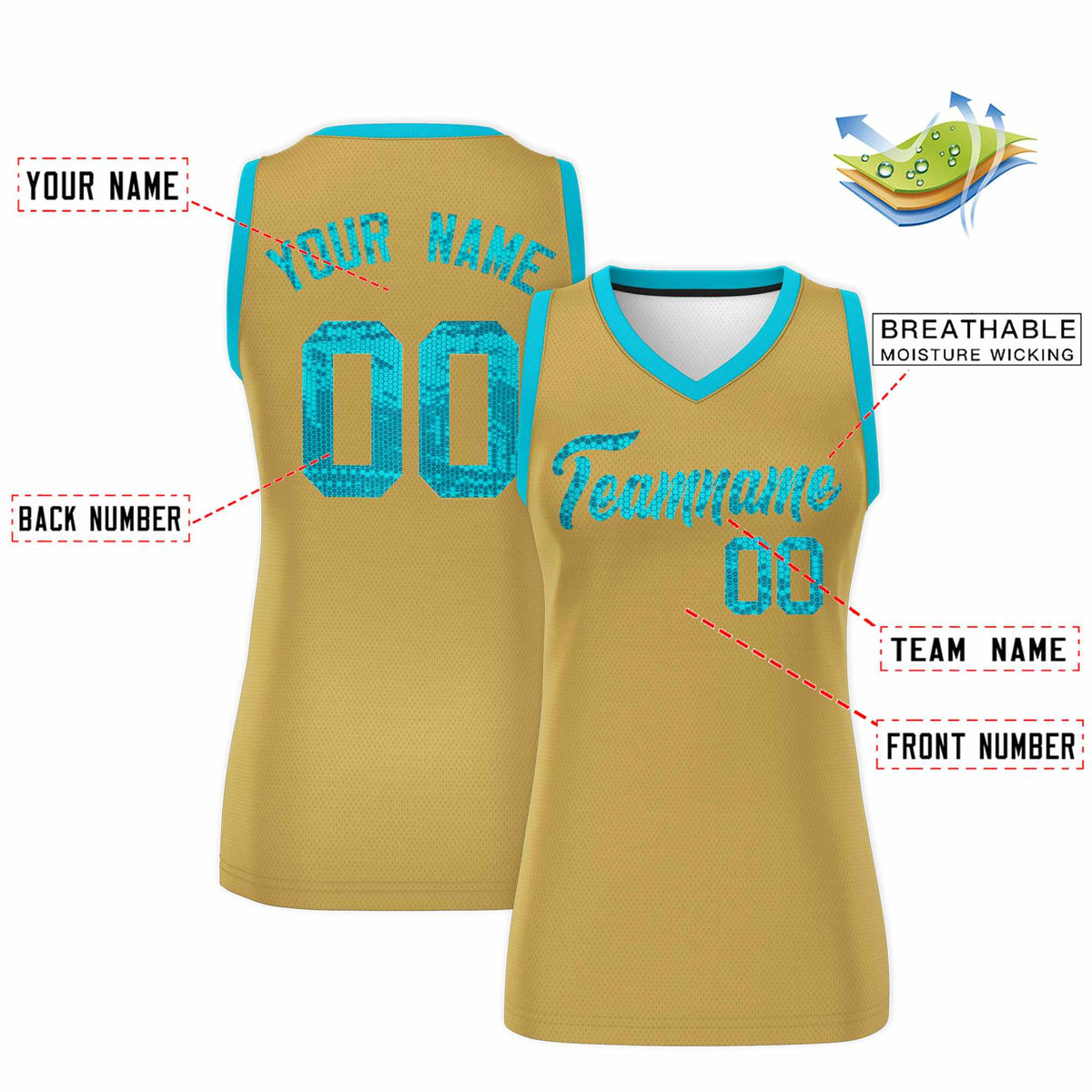 Custom Old Gold Sky Blue Women Basketball Jersey Sequined Dress
