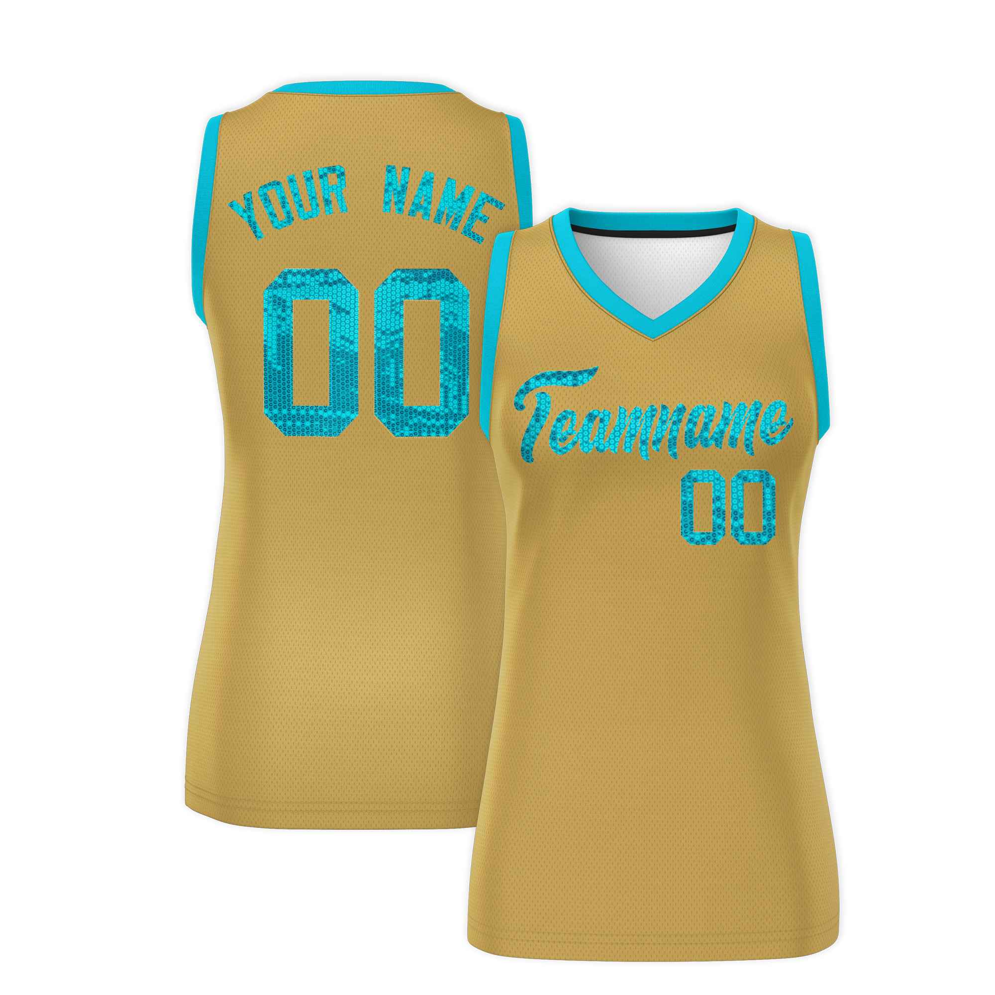 Custom Old Gold Sky Blue Women Basketball Jersey Sequined Dress