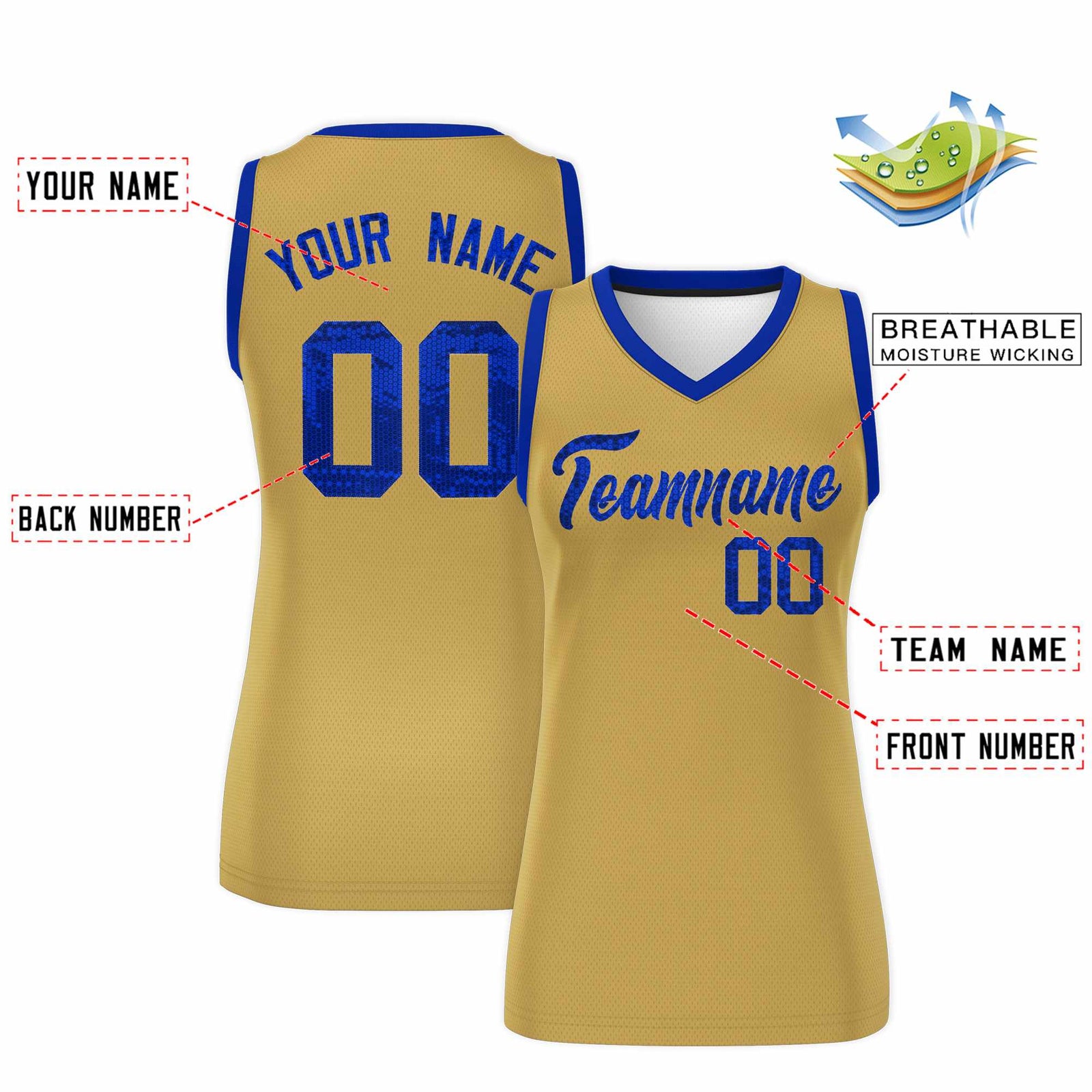 Custom Old Gold Royal Women Basketball Jersey Sequined Dress