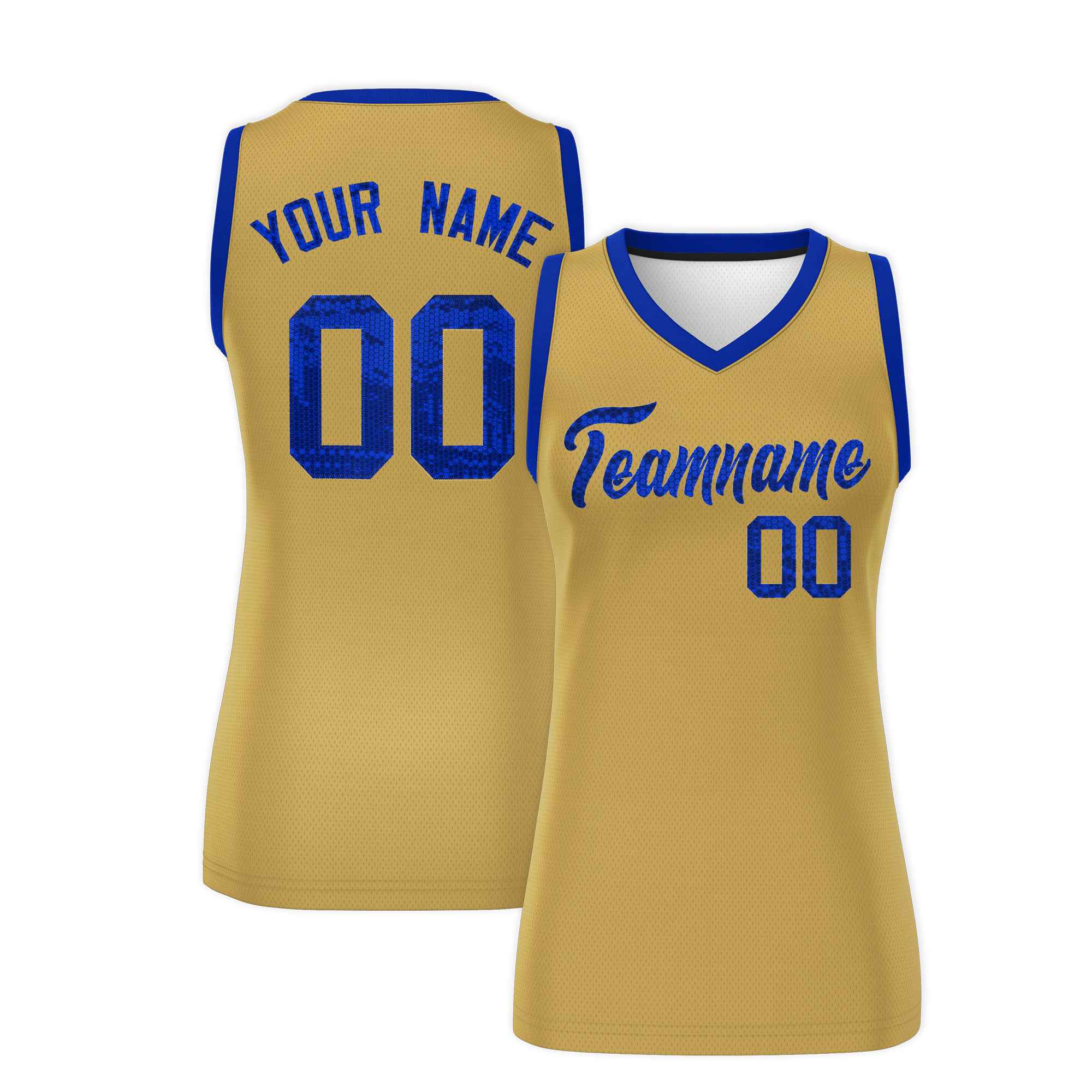 Custom Old Gold Royal Women Basketball Jersey Sequined Dress