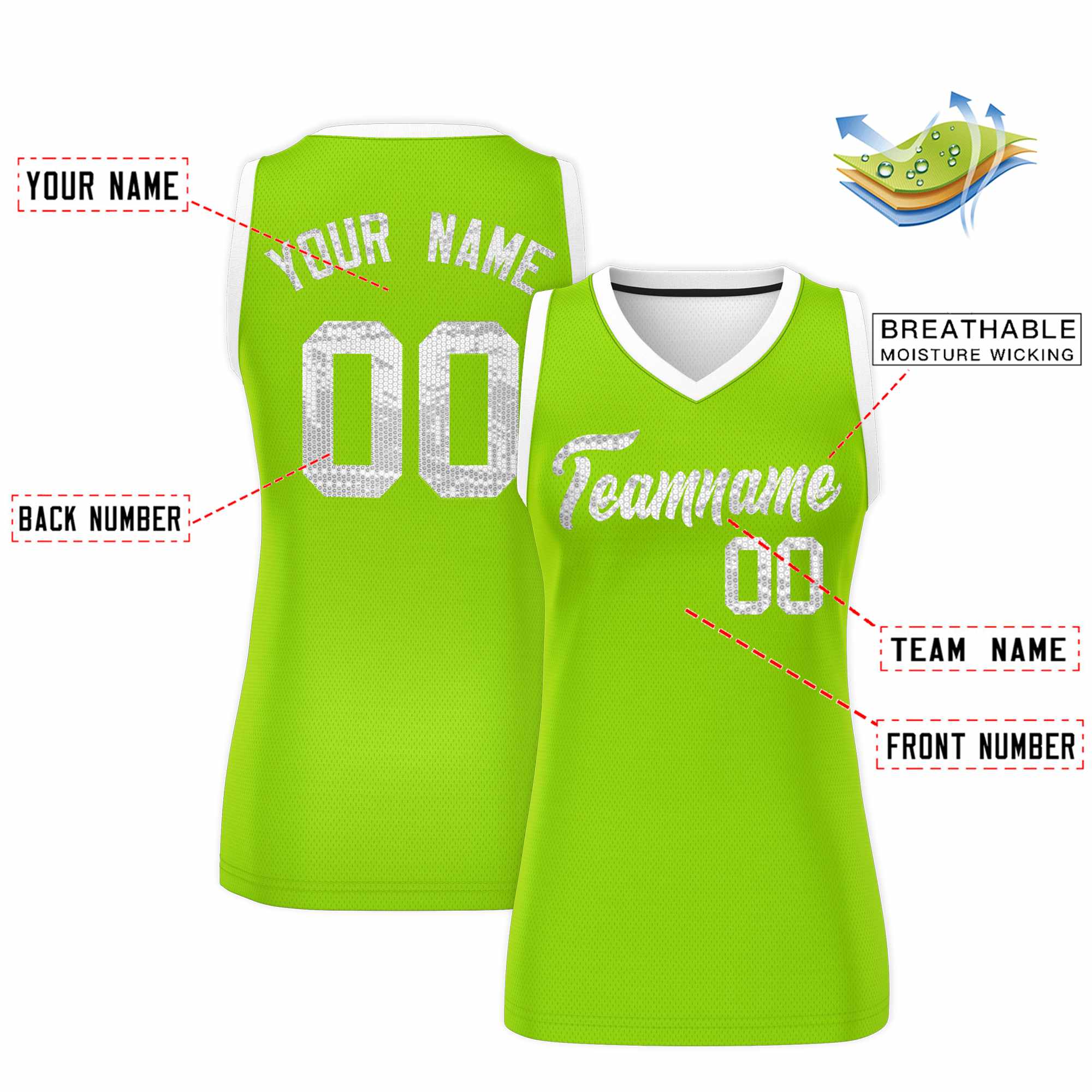 Custom Neon Green White Women Basketball Jersey Sequined Dress