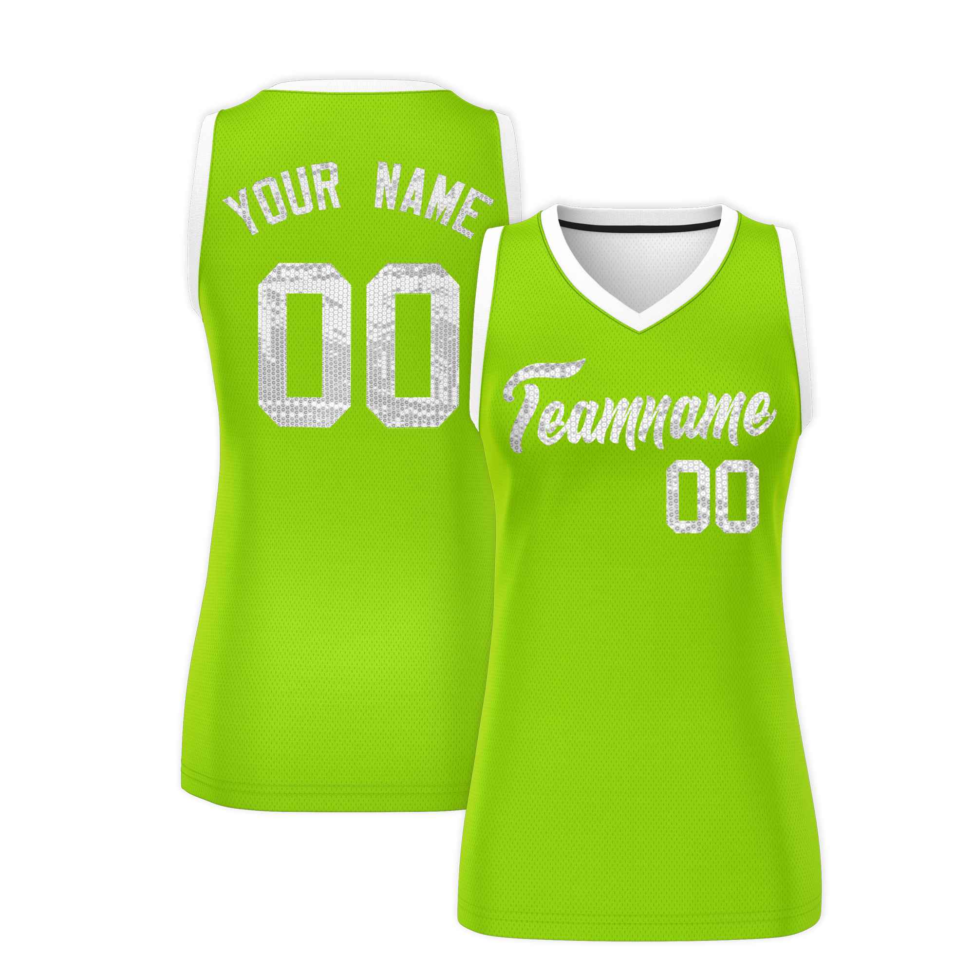 Custom Neon Green White Women Basketball Jersey Sequined Dress