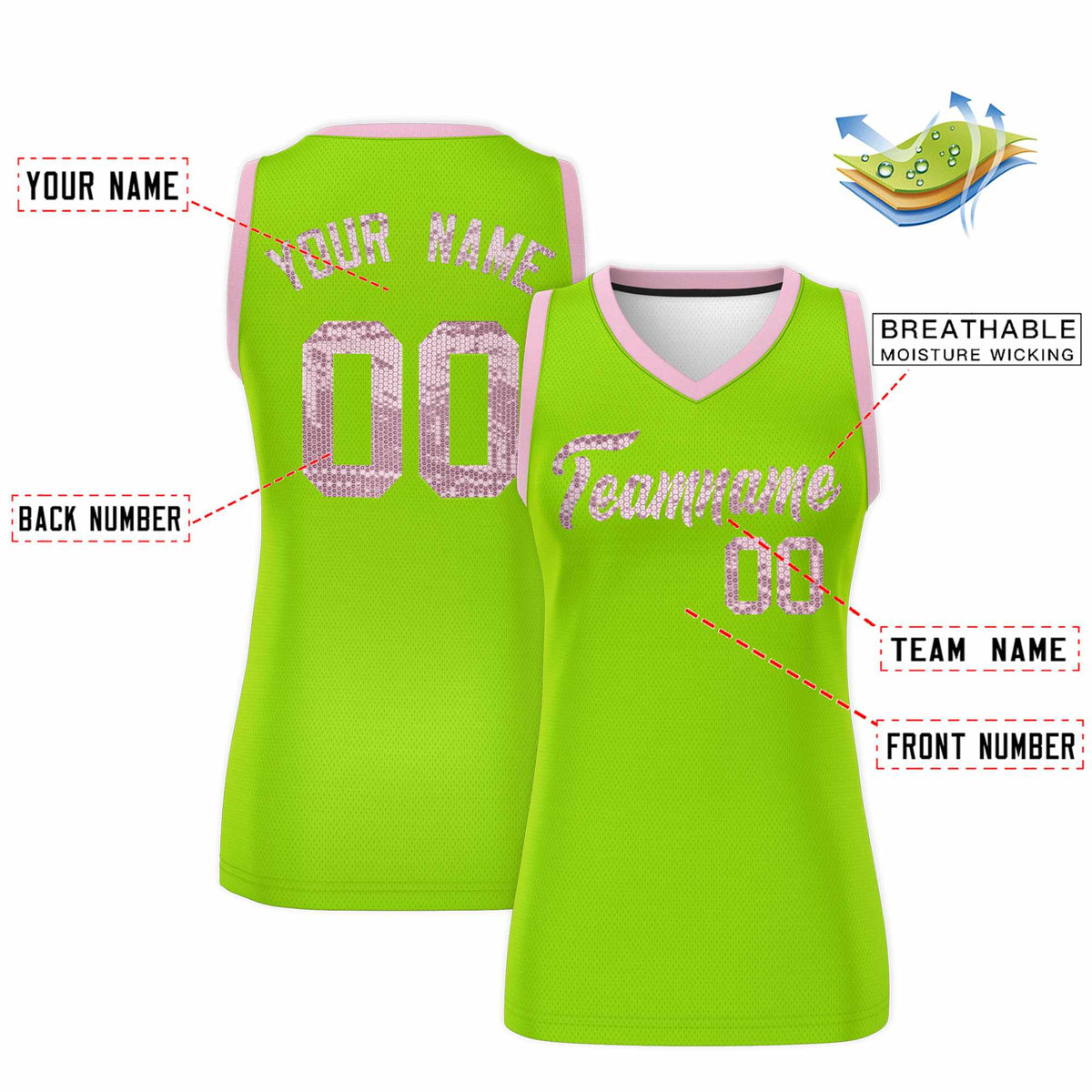 Custom Neon Green Light Pink Women Basketball Jersey Sequined Dress