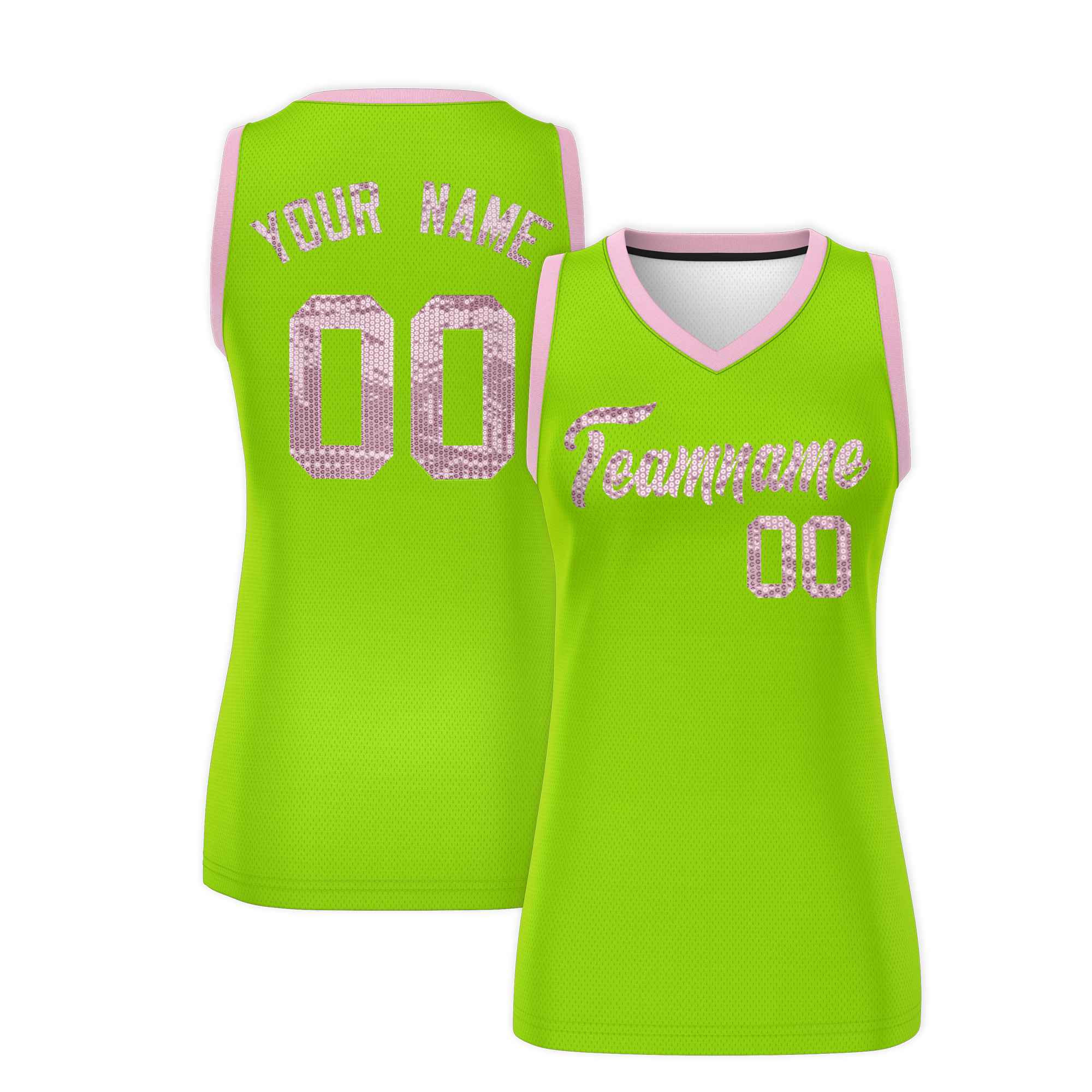 Custom Neon Green Light Pink Women Basketball Jersey Sequined Dress