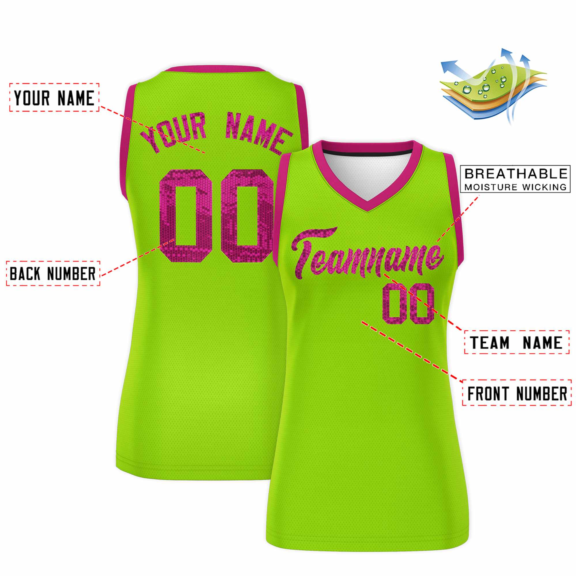 Custom Neon Green Pink Women Basketball Jersey Sequined Dress