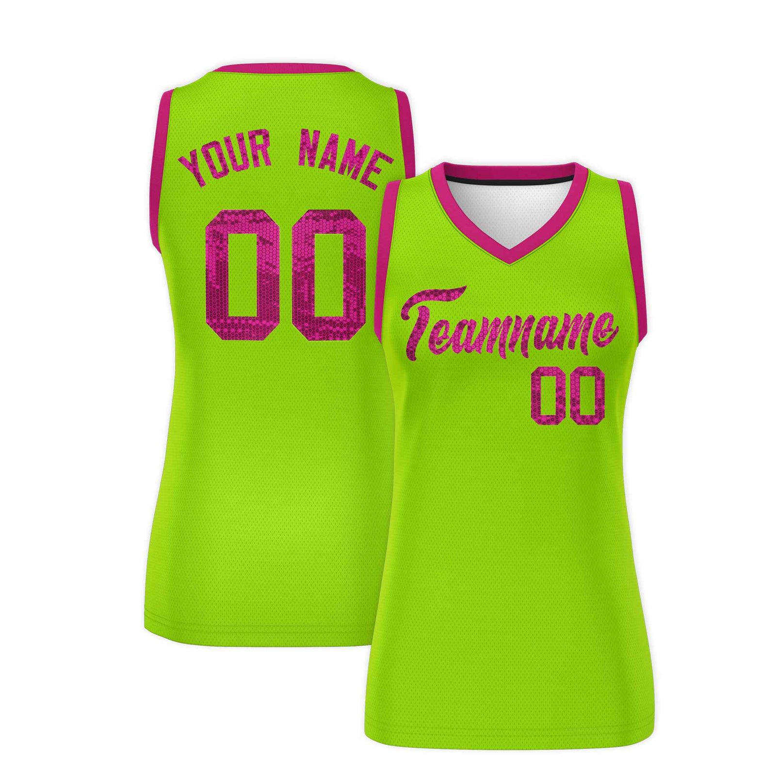 Custom Neon Green Pink Women Basketball Jersey Sequined Dress