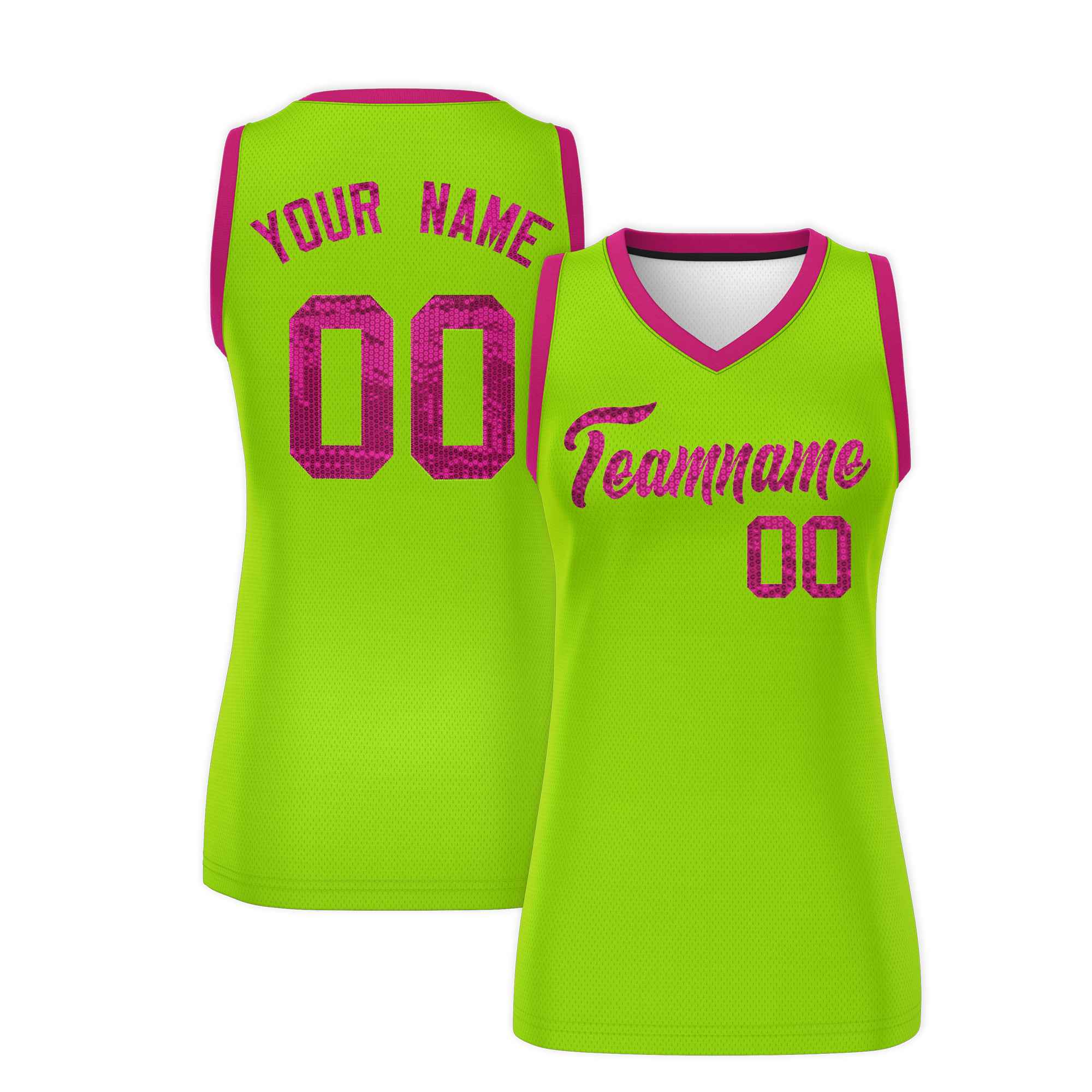 Custom Neon Green Pink Women Basketball Jersey Sequined Dress