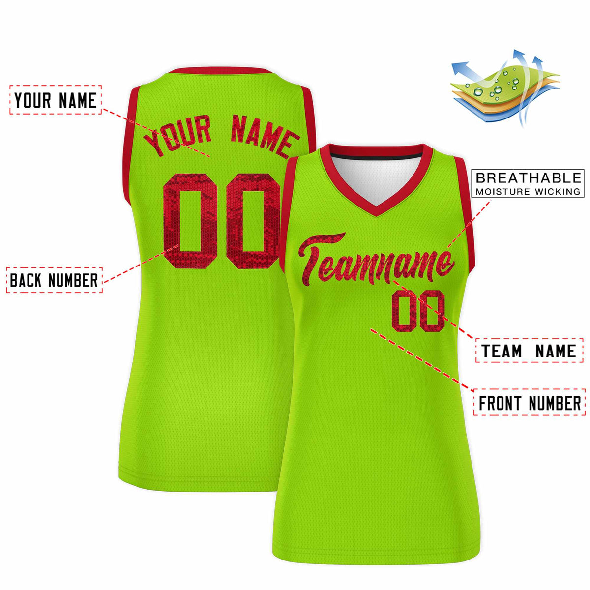 Custom Neon Green Red Women Basketball Jersey Sequined Dress