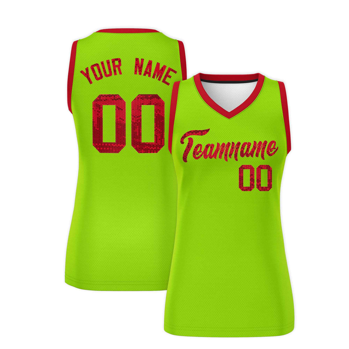 Custom Neon Green Red Women Basketball Jersey Sequined Dress
