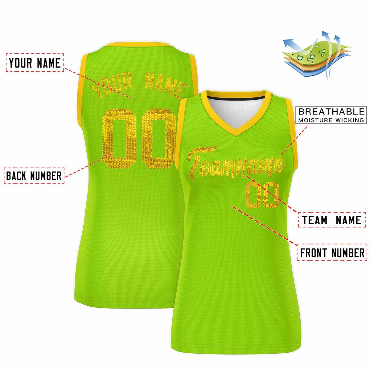 Custom Neon Green Gold Women Basketball Jersey Sequined Dress