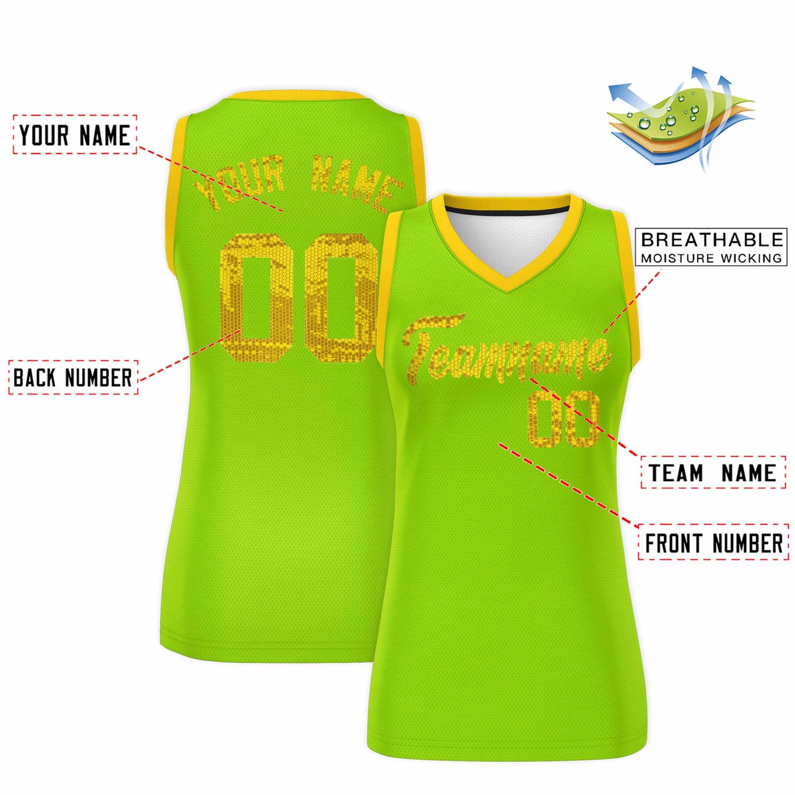 Custom Neon Green Gold Women Basketball Jersey Sequined Dress