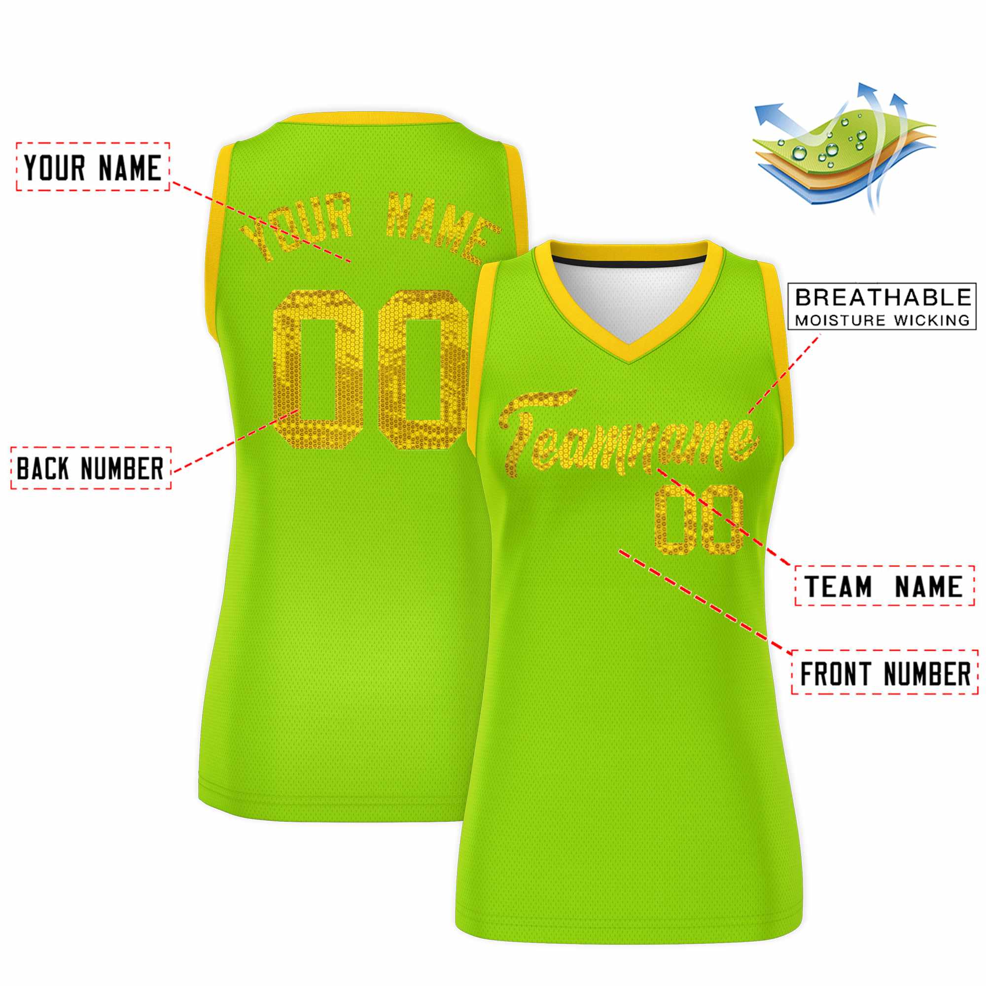Custom Neon Green Gold Women Basketball Jersey Sequined Dress