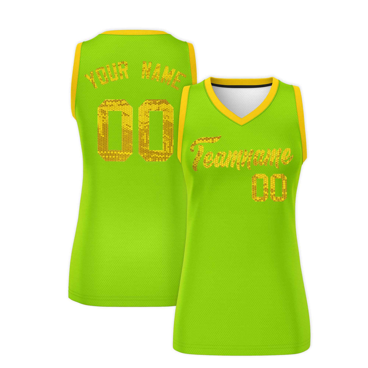Custom Neon Green Gold Women Basketball Jersey Sequined Dress