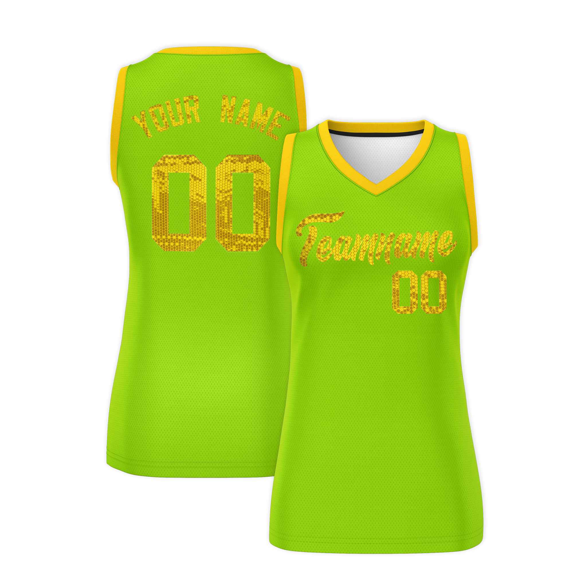 Custom Neon Green Gold Women Basketball Jersey Sequined Dress