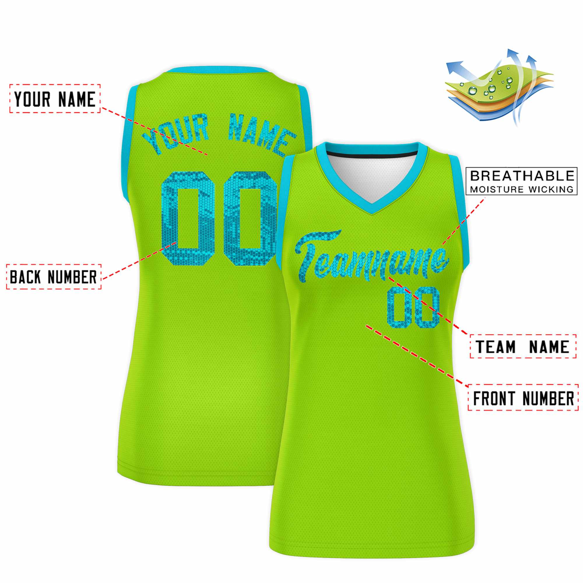 Custom Neon Green Sky Blue Women Basketball Jersey Sequined Dress