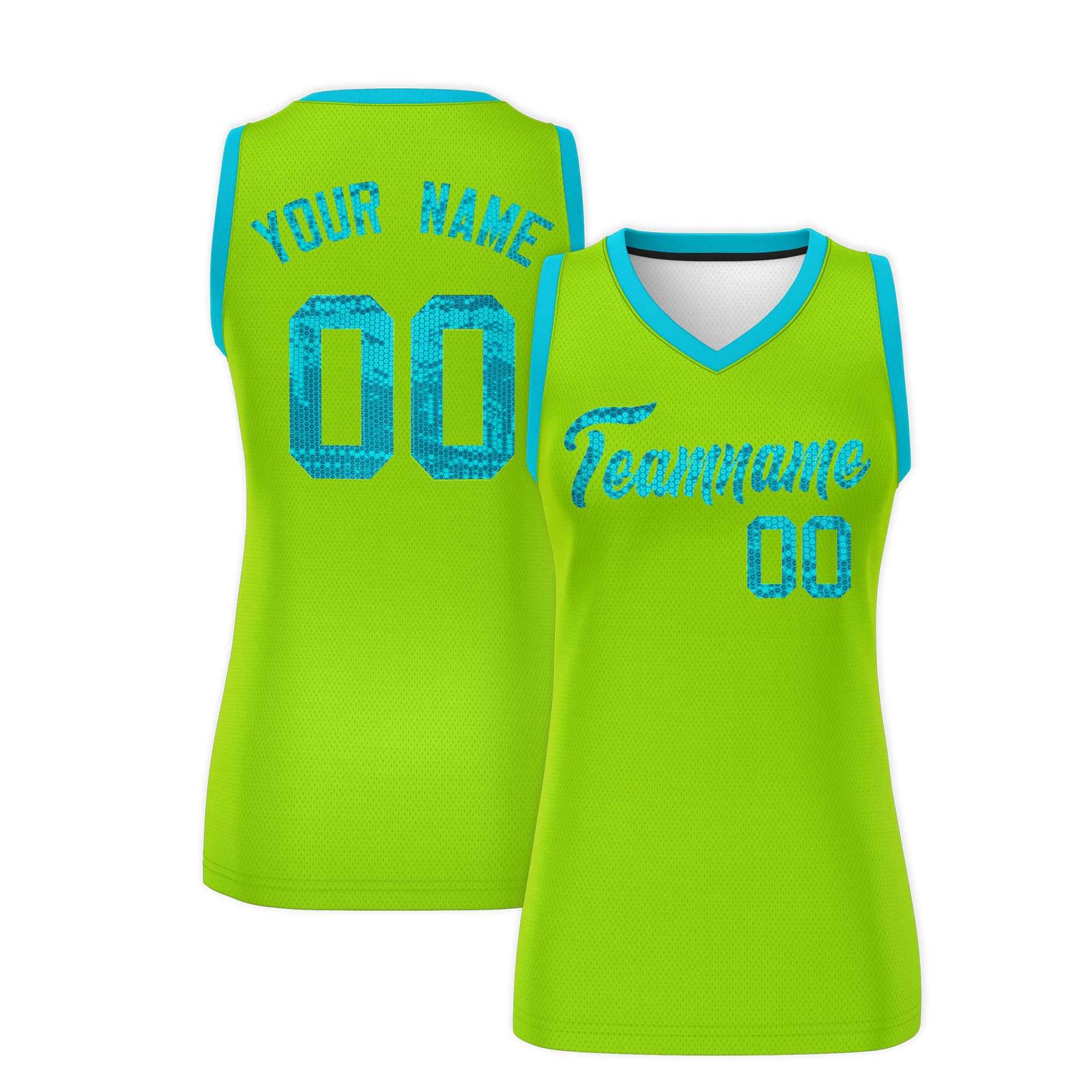 Custom Neon Green Sky Blue Women Basketball Jersey Sequined Dress
