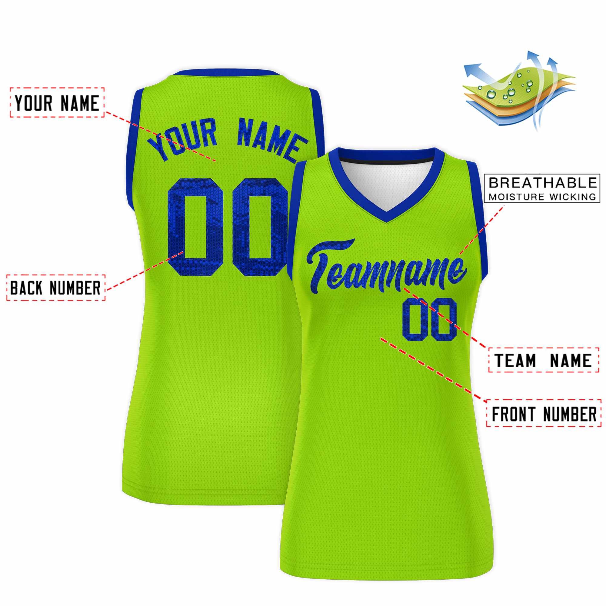 Custom Neon Green Royal Women Basketball Jersey Sequined Dress